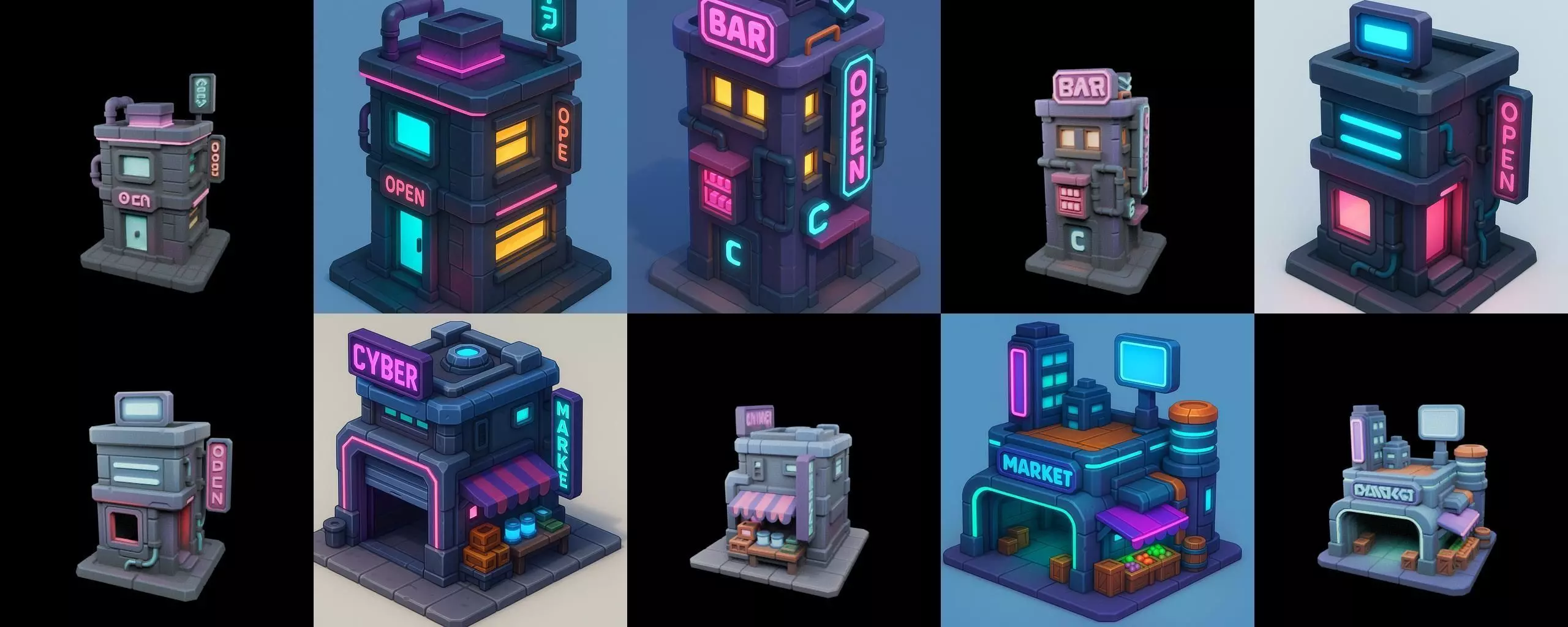 Super Market House Shop bundle 3 pack 100 glb 3D model_8