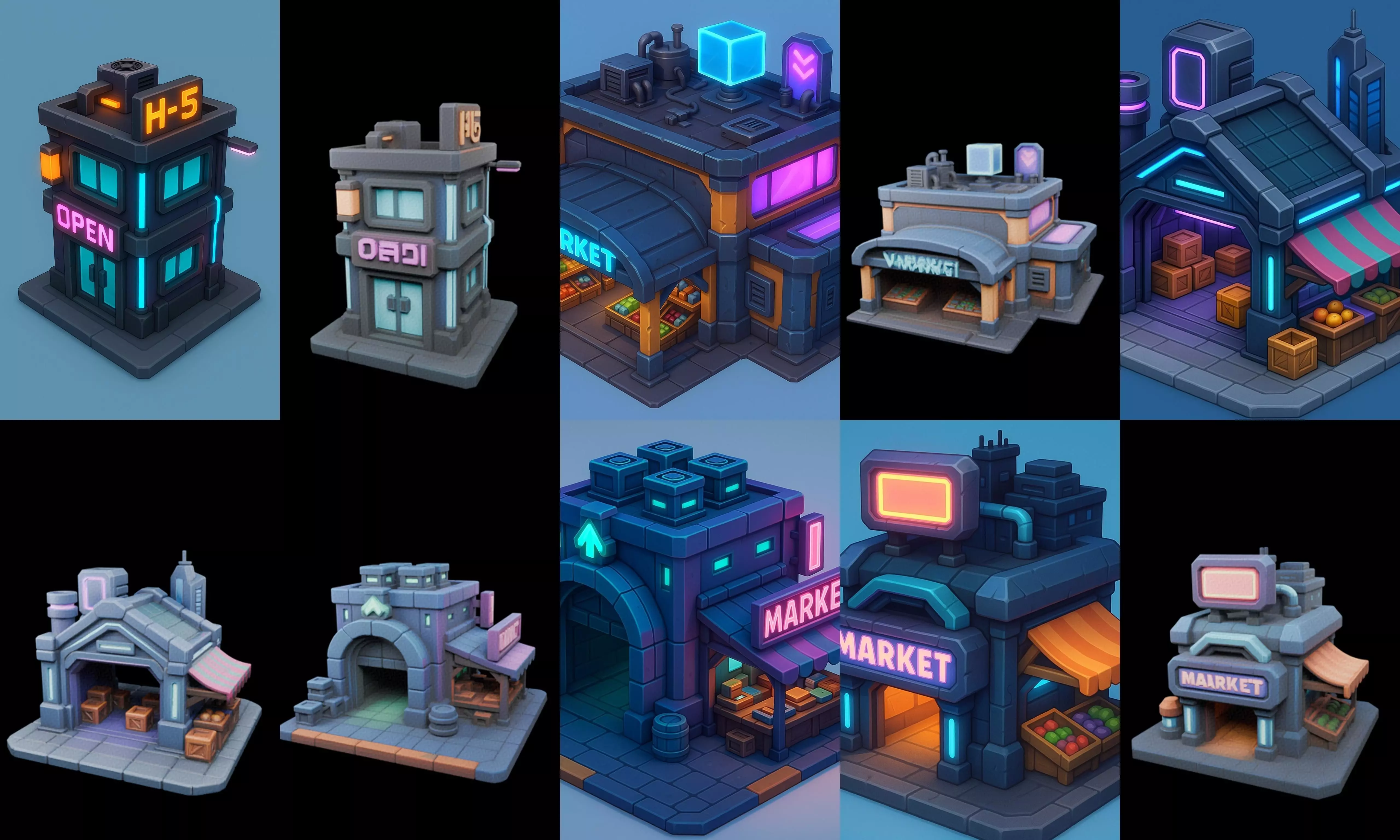 Super Market House Shop bundle 3 pack 100 glb 3D model_2