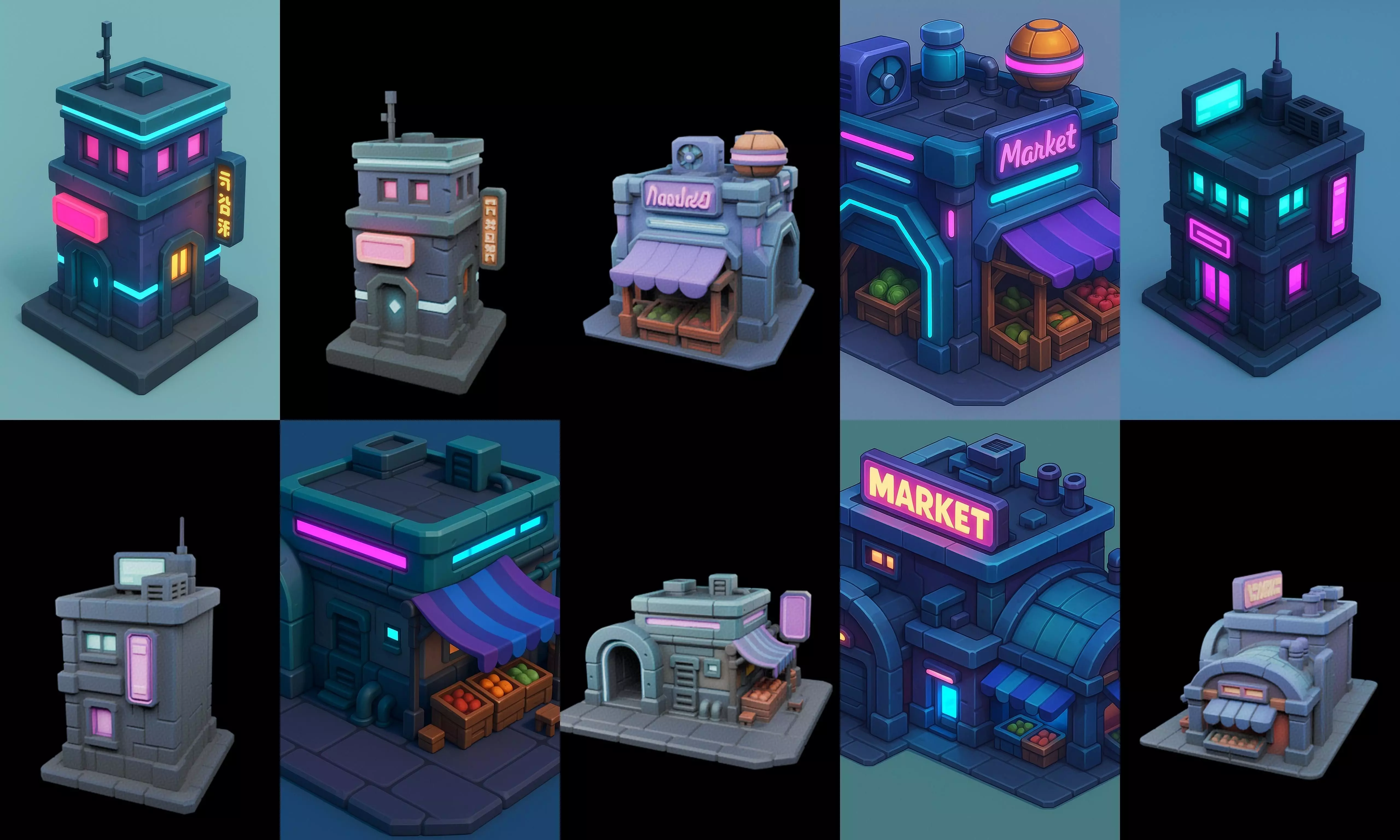 Super Market House Shop bundle 3 pack 100 glb 3D model_3