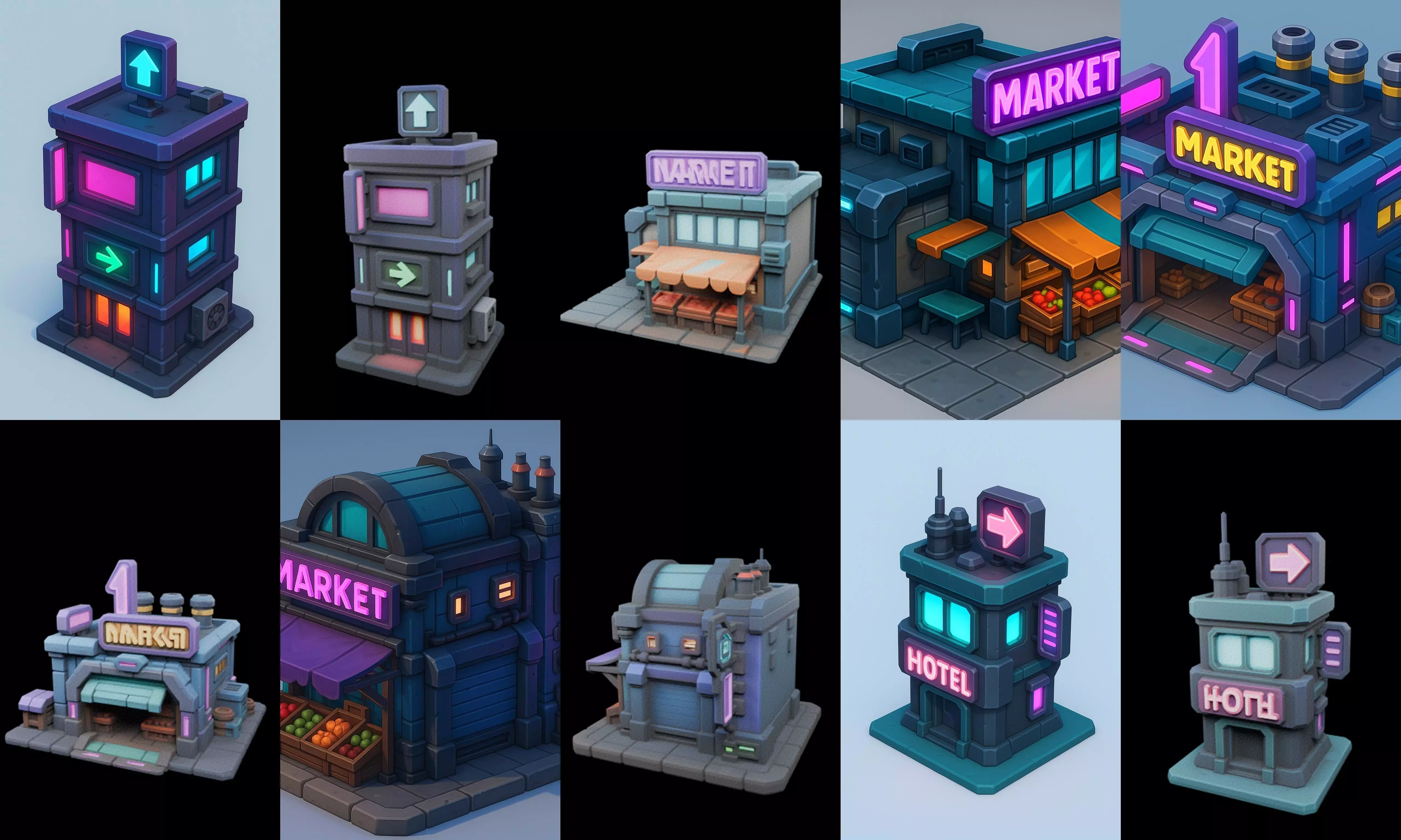Super Market House Shop bundle 3 pack 100 glb 3D model_9