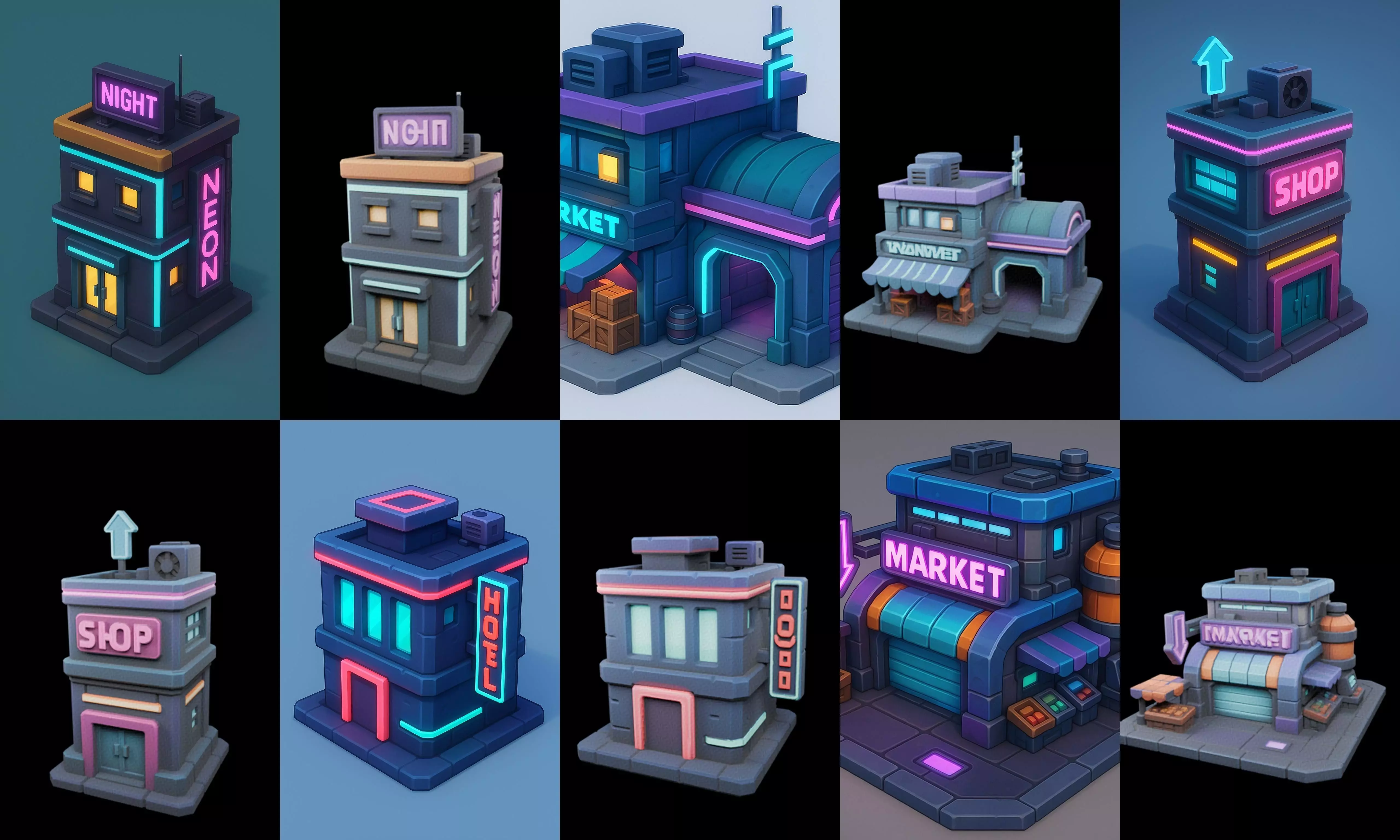 Super Market House Shop bundle 3 pack 100 glb 3D model_18