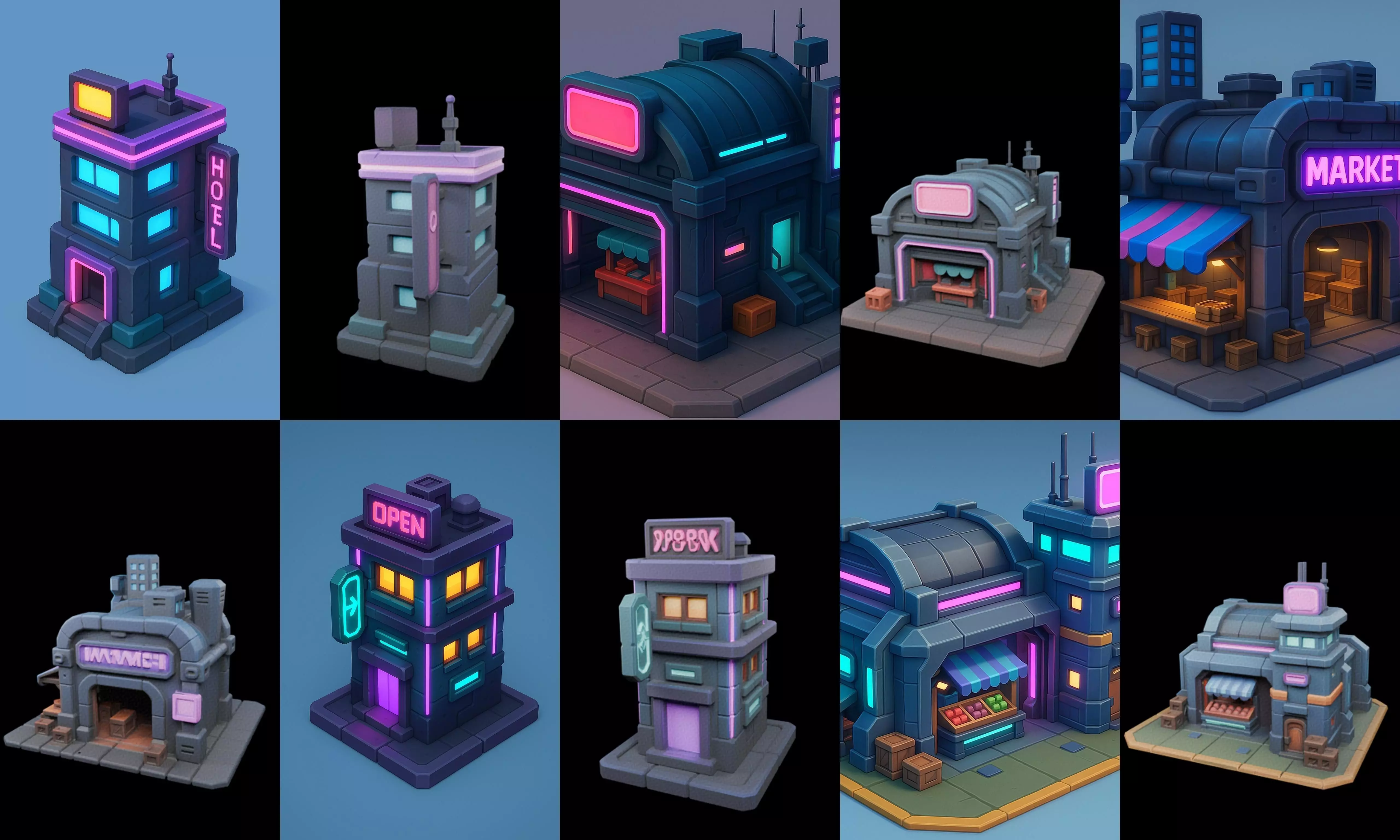 Super Market House Shop bundle 3 pack 100 glb 3D model_5