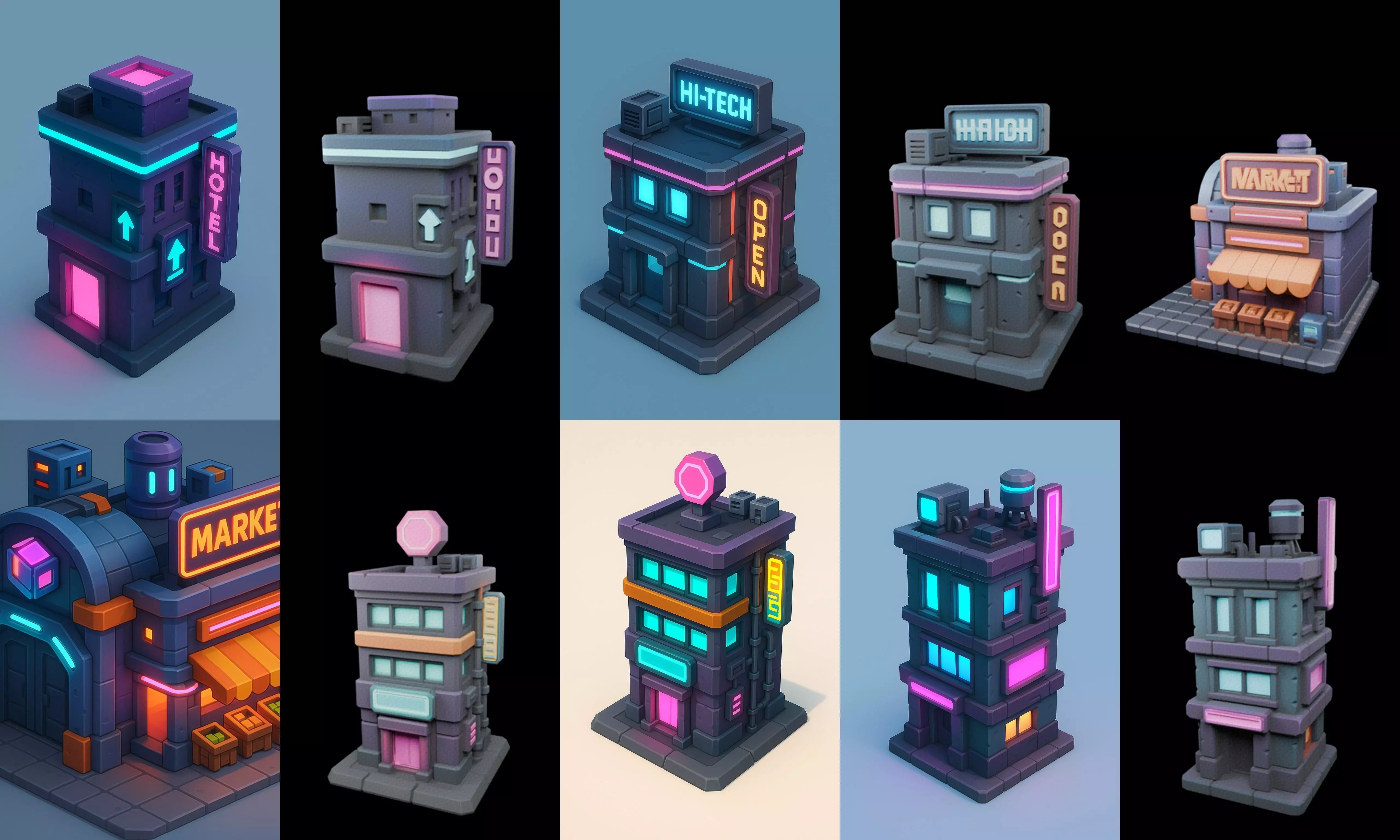 Super Market House Shop bundle 12 pack 64 glb 3D model_0