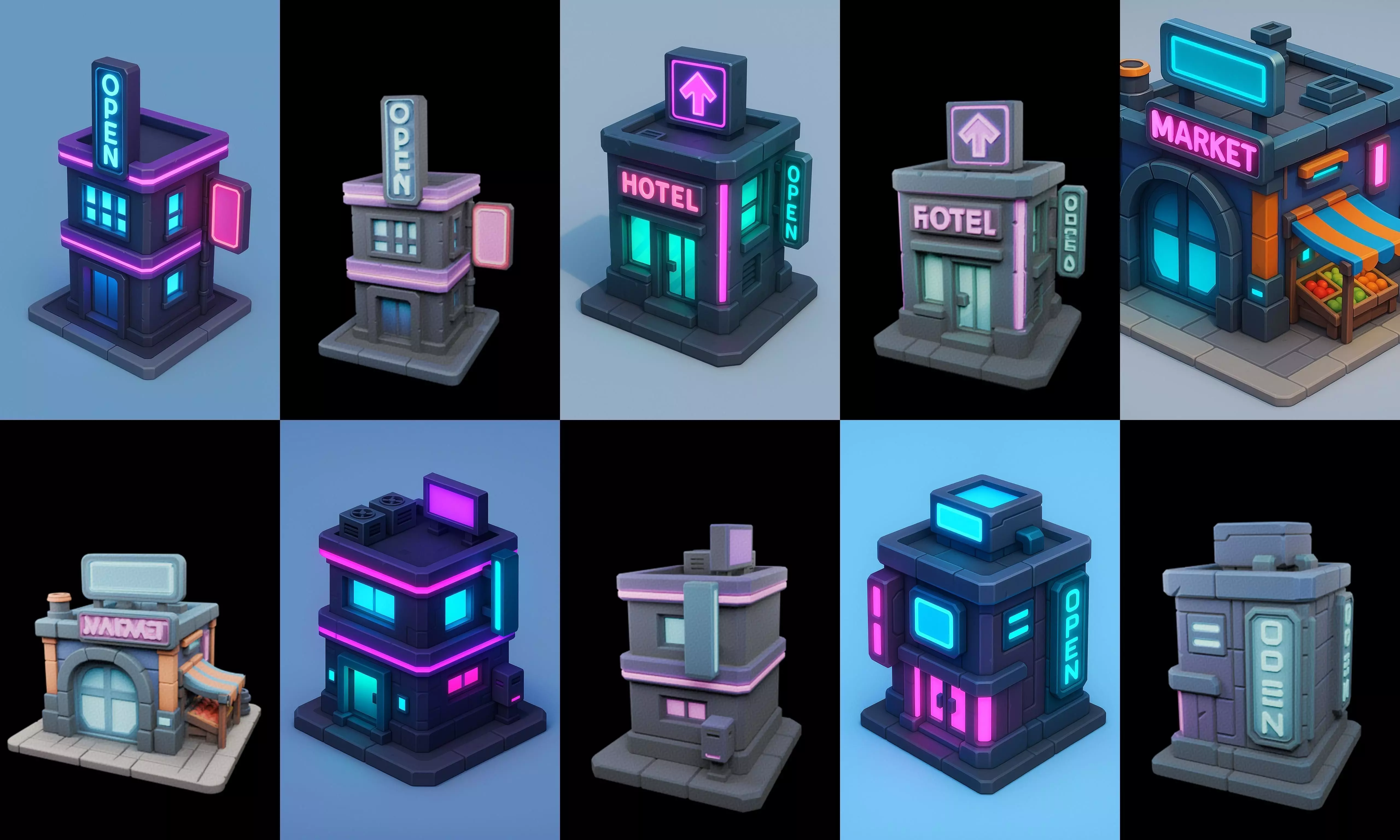 Super Market House Shop bundle 12 pack 64 glb 3D model_6