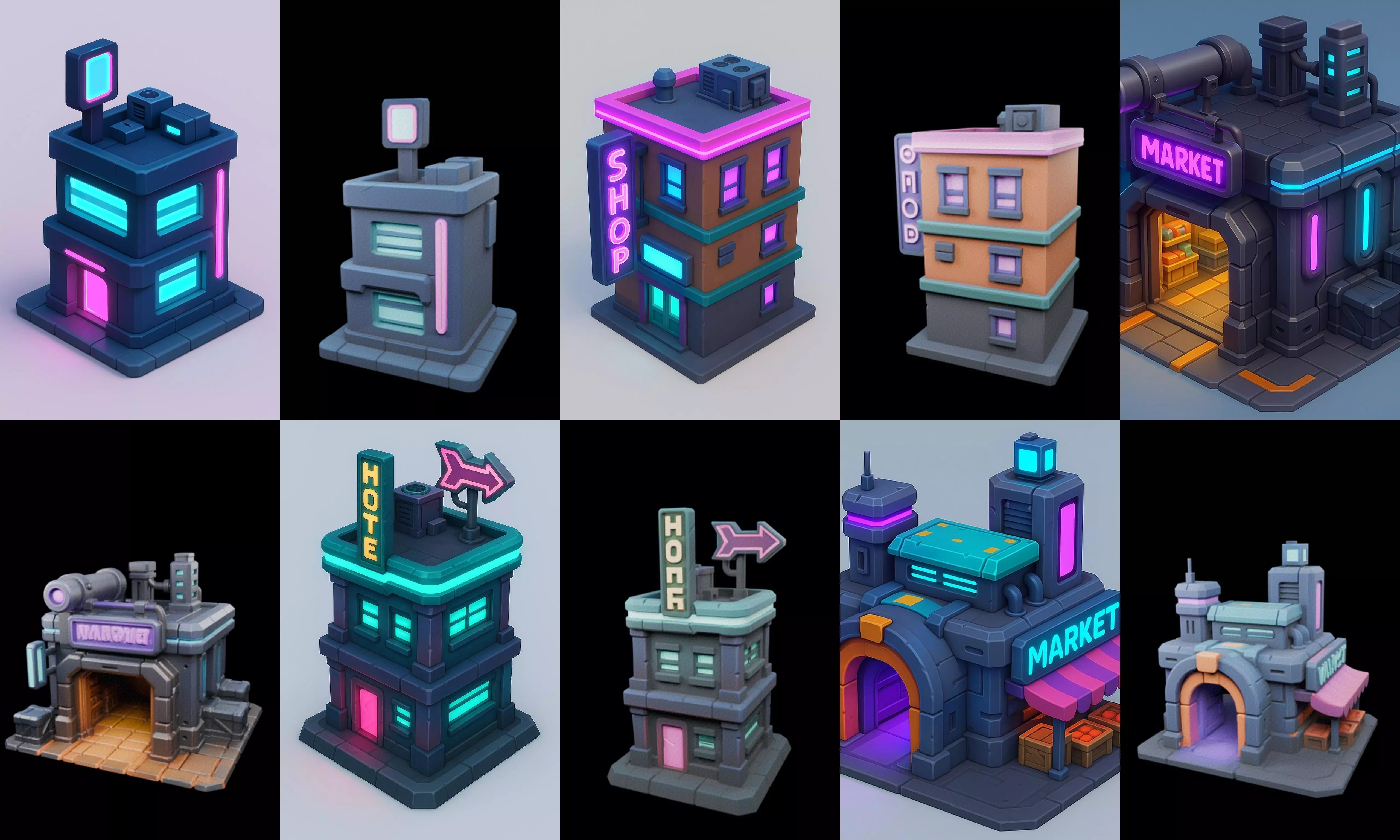 Super Market House Shop bundle 12 pack 64 glb 3D model_11