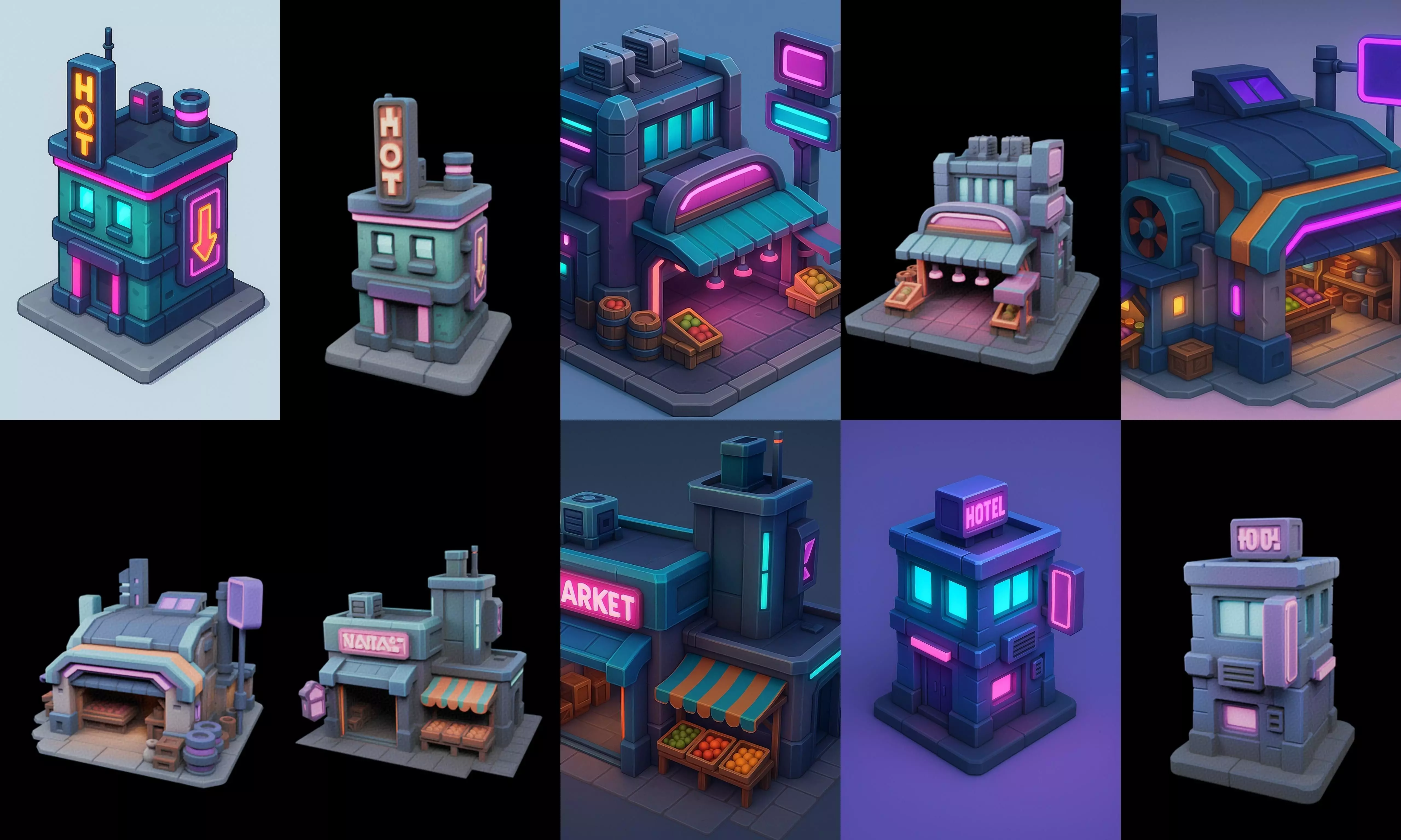 Super Market House Shop bundle 12 pack 64 glb 3D model_4