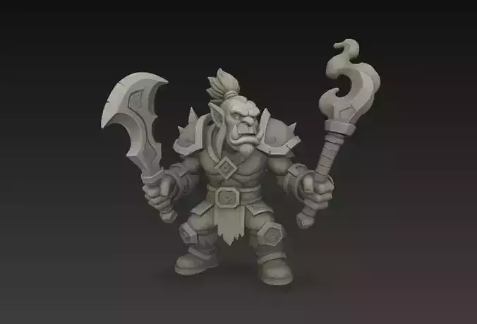 Orc Warrior Axe and Staff - Stylized Fantasy Sculpture