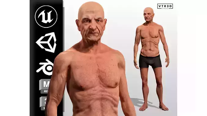 Realistic Elderly Male Character High Detail Game Ready Low-poly 3D model