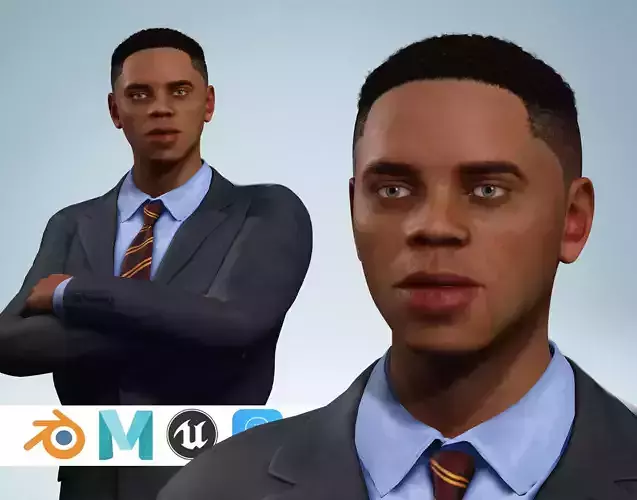 Realistic Black Male 3D Character in Suit  Low-poly 3D model