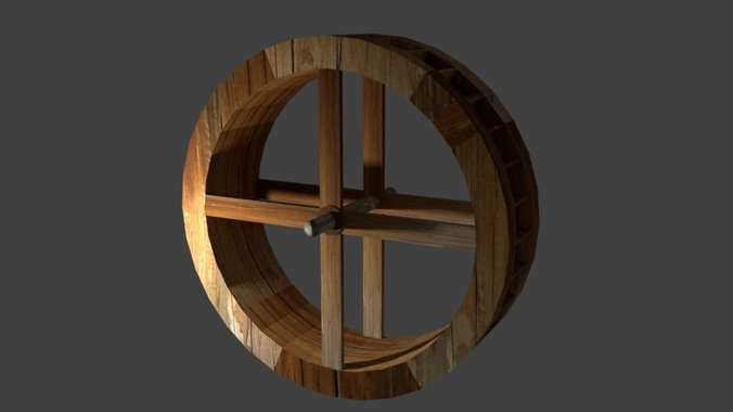Realistic WaterWheel wooden wheel Low-poly 3D model