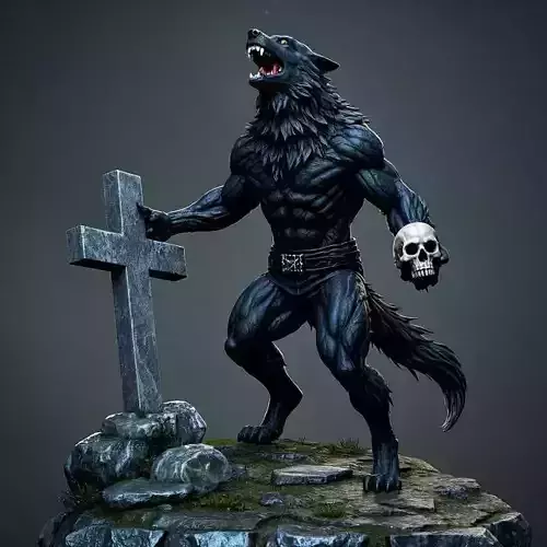 1828Howling Werewolf with Skull  3D Printed Statue magic