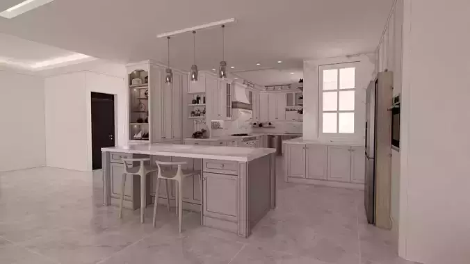 Neoclassical Kitchen with Decorative Range Hood