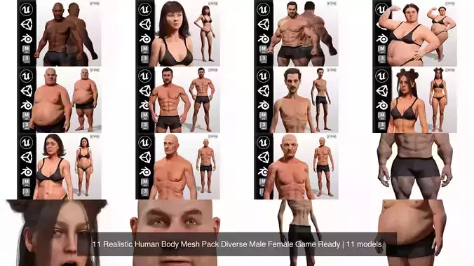 11 Realistic Human Body Mesh Pack Diverse Male Female Game Ready