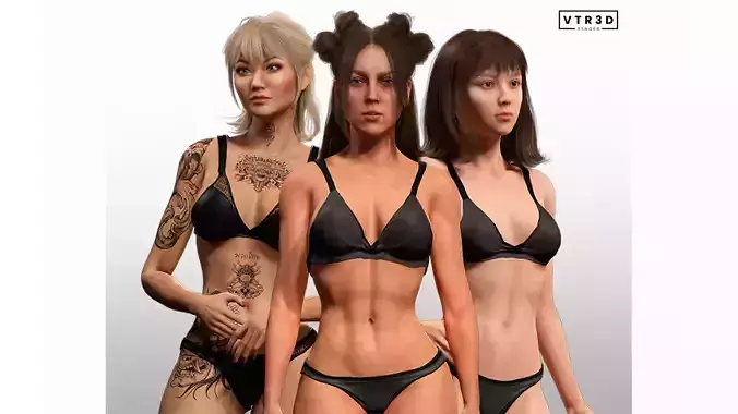 3 Realistic Female Body Mesh Pack High Detail with Tattoos 3D Model Collection