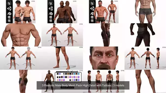 3 Realistic Male Body Mesh Pack High Detail with Tattoos