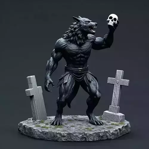 1830Howling Werewolf with Skull  3D Printed Statue magic