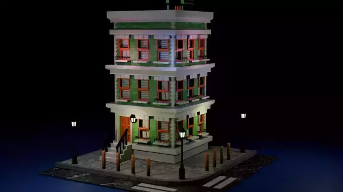 Minimalist Apartment Building Low Poly Stylized 3D Model 