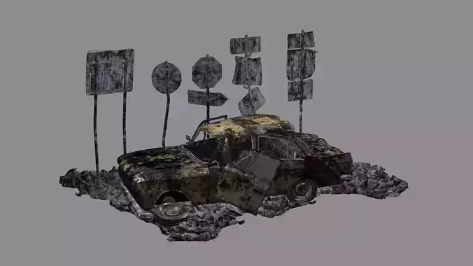 Burnt Destroyed Car Game Ready 02 Low Poly 3D Model Low-poly 3D model