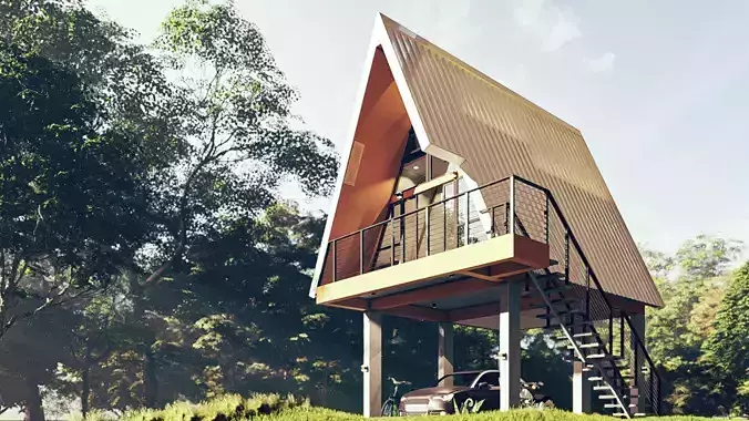Elevated A-Frame Cabin with Modern Split-Loft Design 3D Model