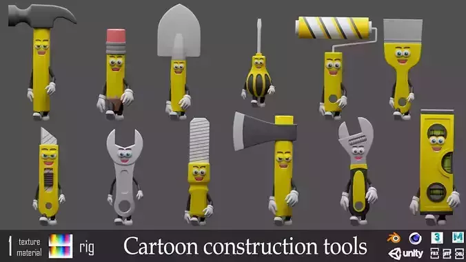 Cartoon characters construction tools  Low-poly 3D model