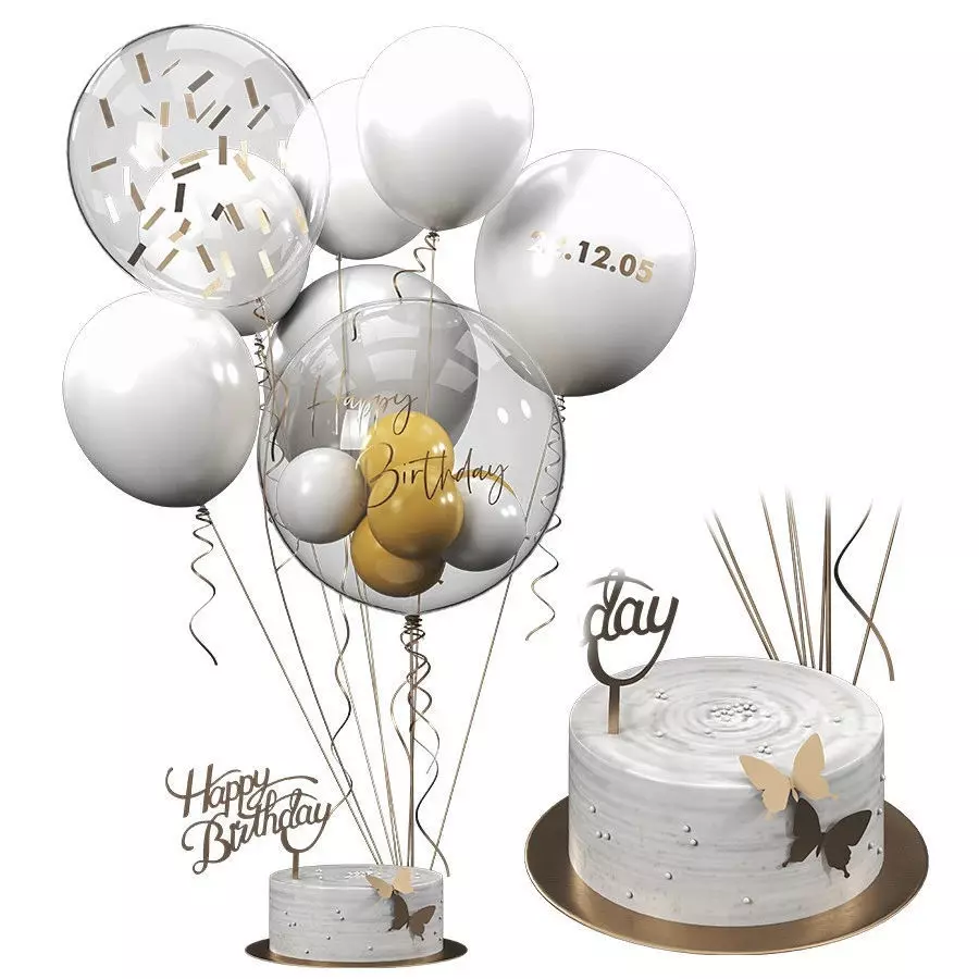 Birthday Cake and Balloons 3D model