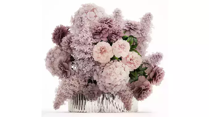 Bouquet in a glass vase flowers peony lilacs hydrangea 600 3D model