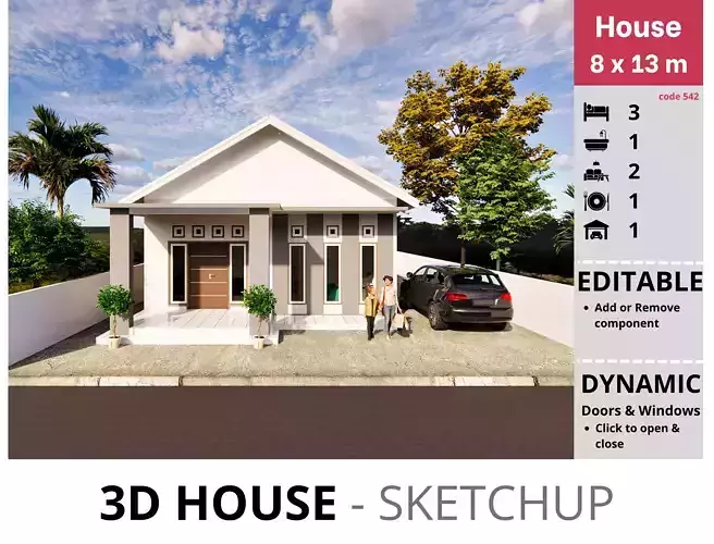 House 8x13m code 542 - Sketchup 3D model 3D model