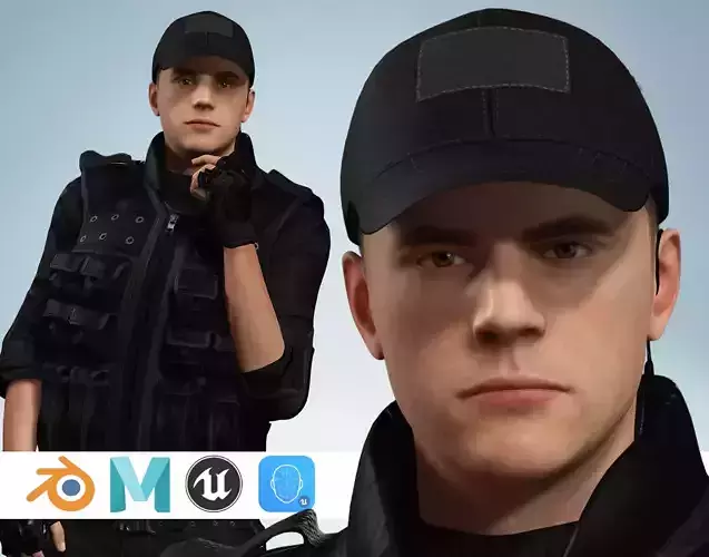 Tactical Operative 3D Character in Black Gear Low-poly 3D model