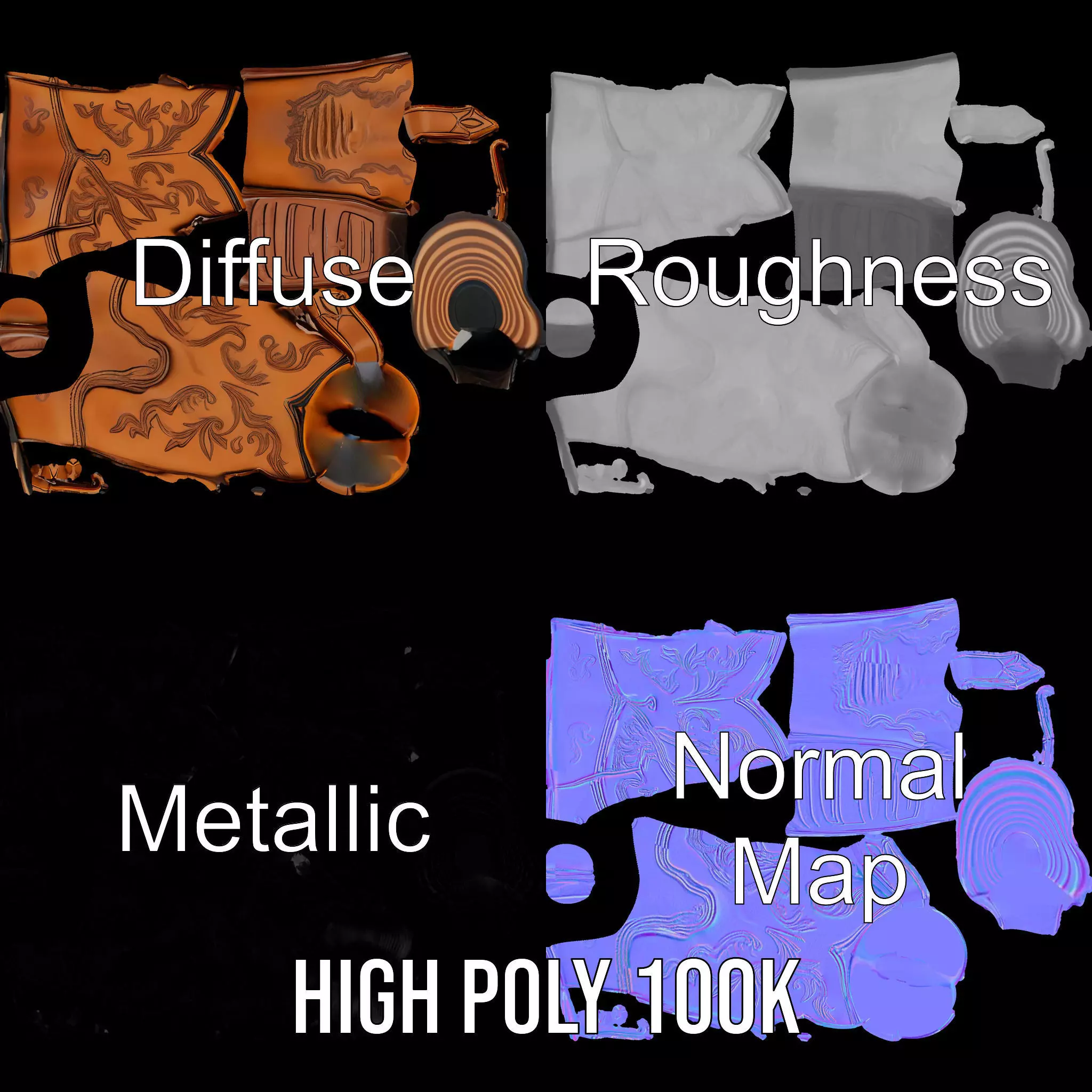 Western Cowboy Boot model pack  Leather Embroidery Design Low-poly 3D model_4