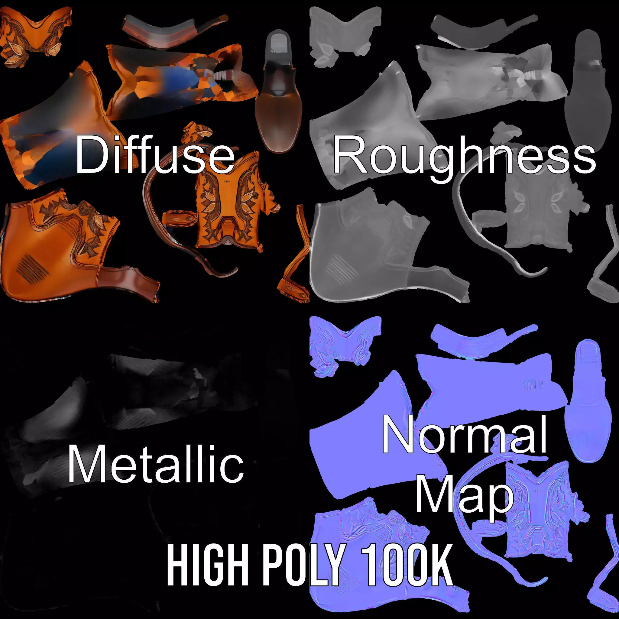 Western Cowboy Boot Model Pack with Intricate Stitching Low-poly 3D model_4