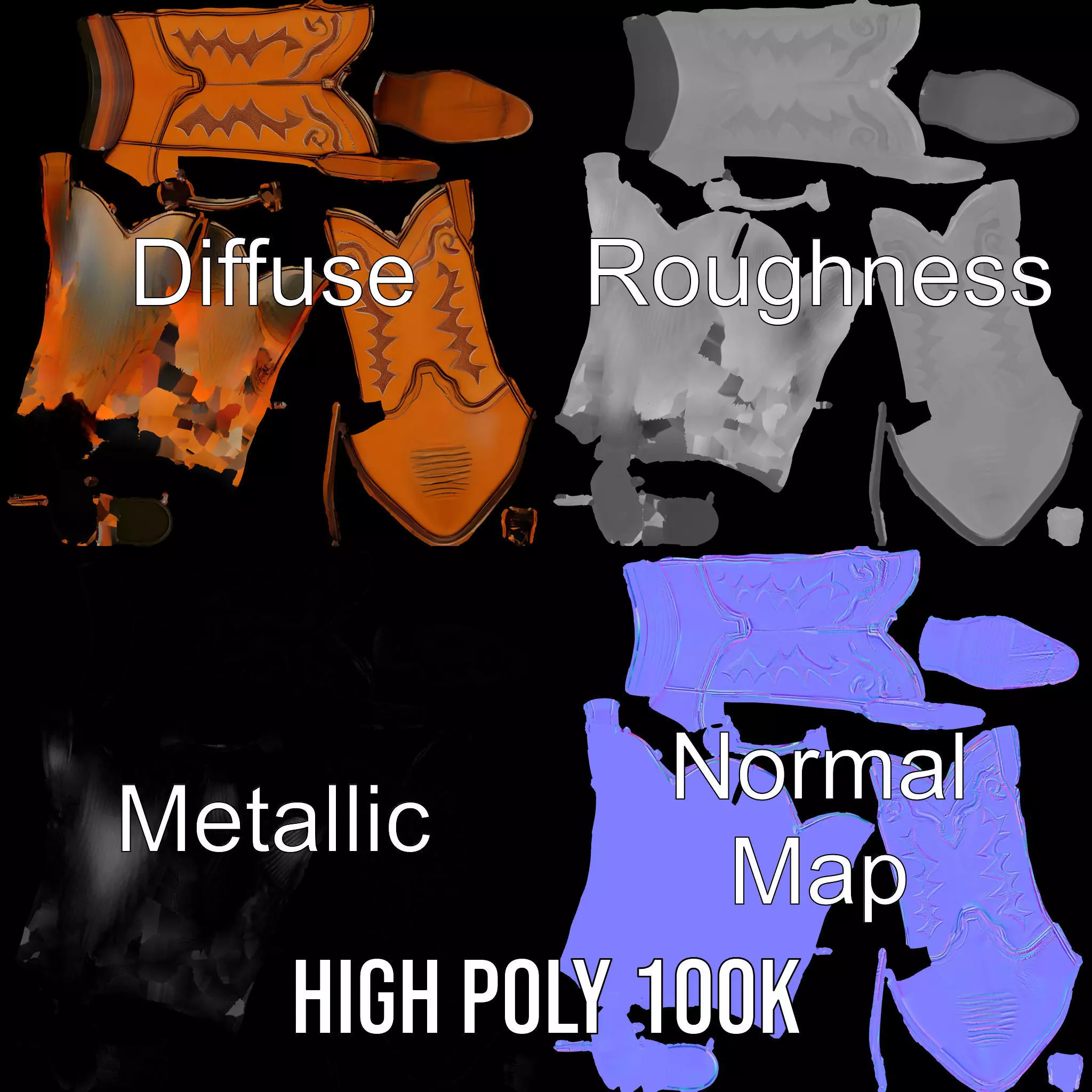 Cowboy Boot Model Pack with Decorative Stitching Low-poly 3D model_4