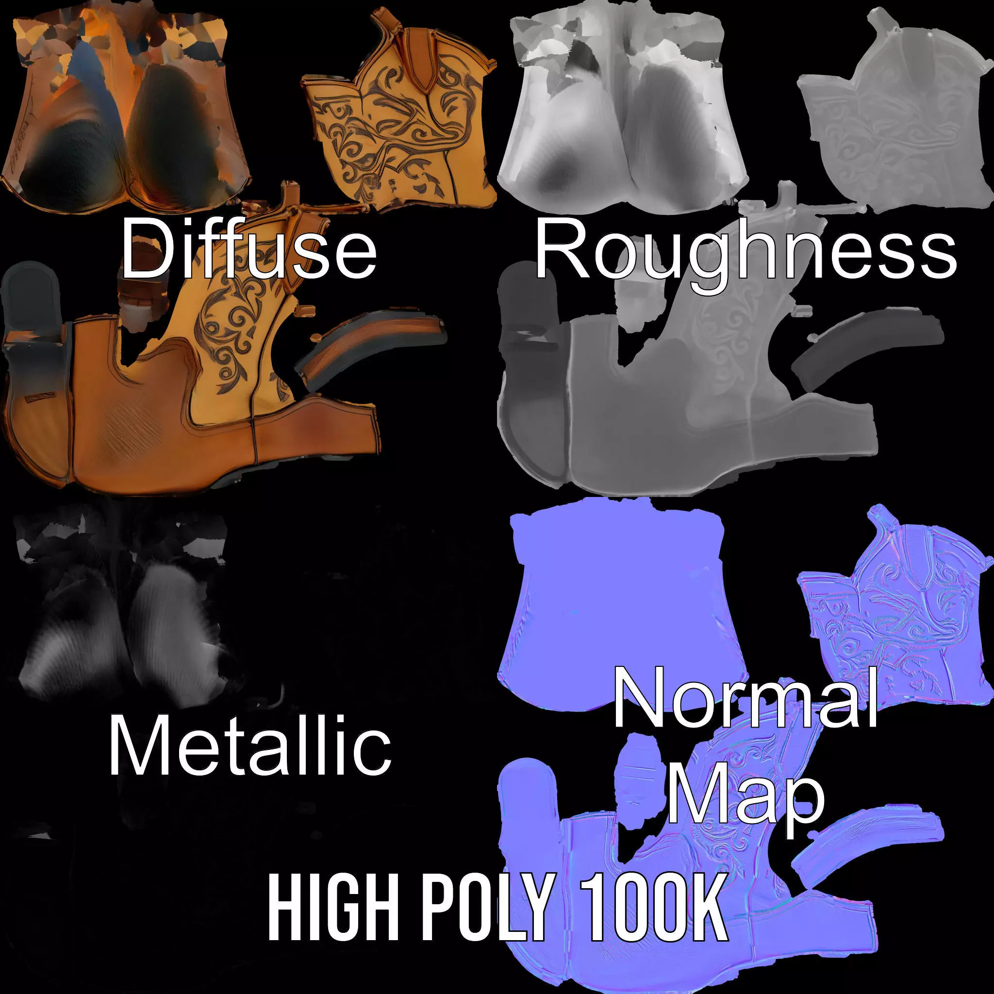 Western Cowboy Boot Model Pack with Embroidery Low-poly 3D model_4