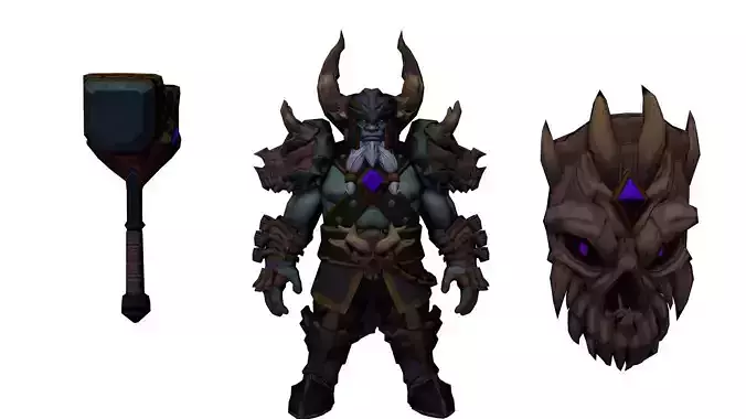Stylized Orc Warlord 3D Character with Hammer and Skull Shield
