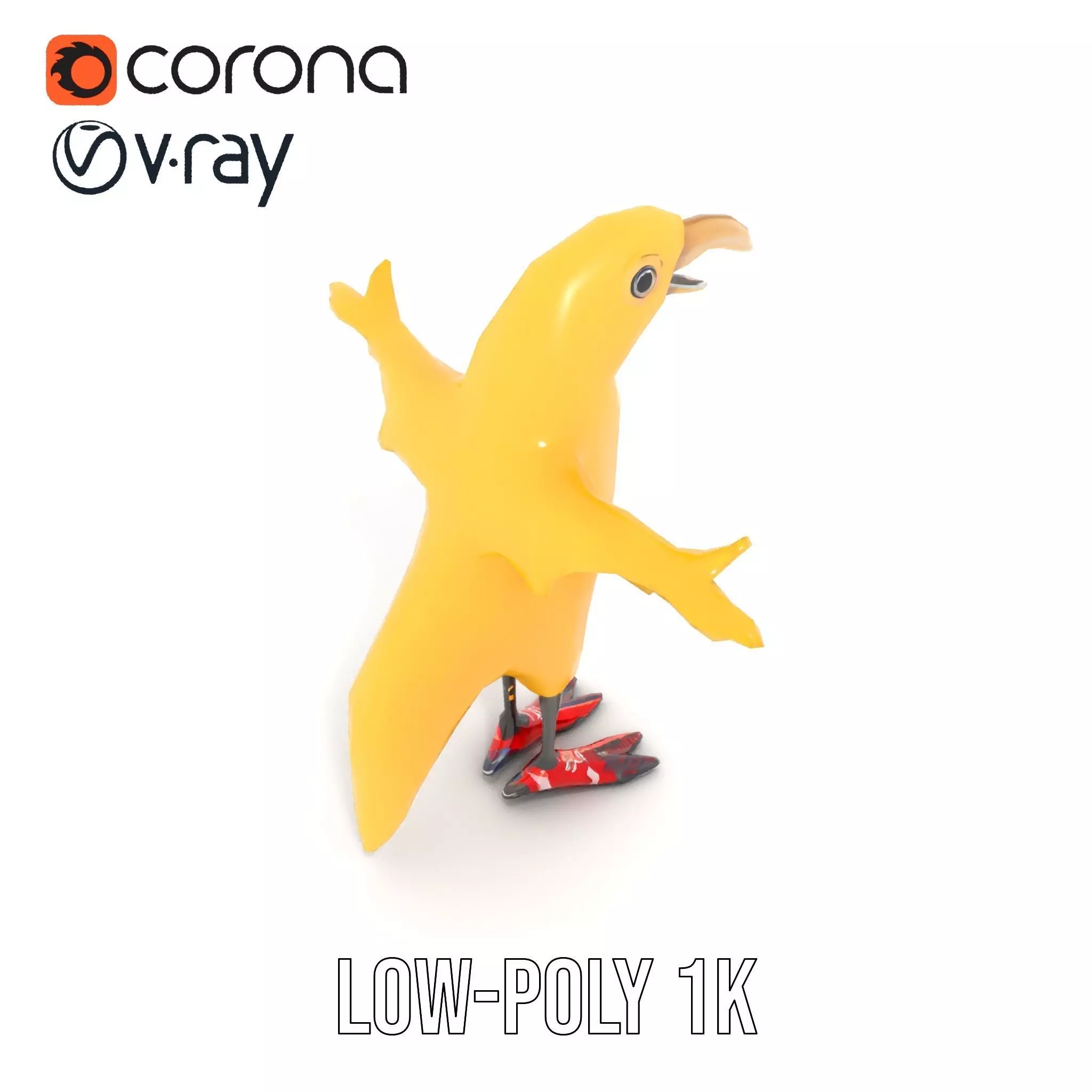 Yellow Parrot Character with Red Shoes Rigged and Animated Model Low-poly 3D model_23