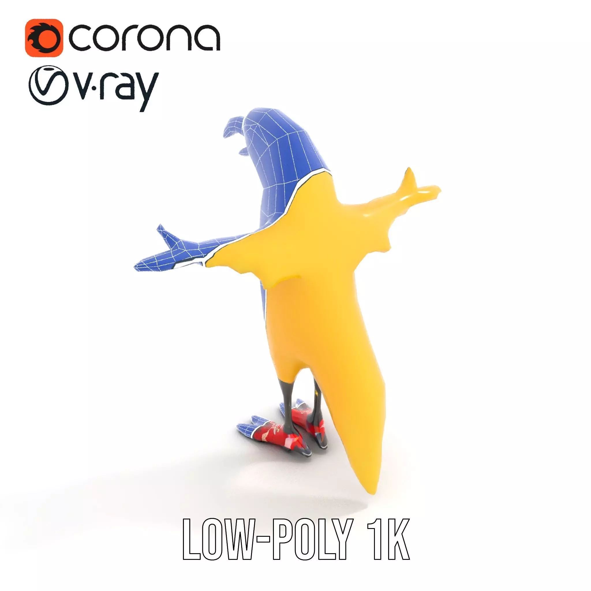 Yellow Parrot Character with Red Shoes Rigged and Animated Model Low-poly 3D model_14