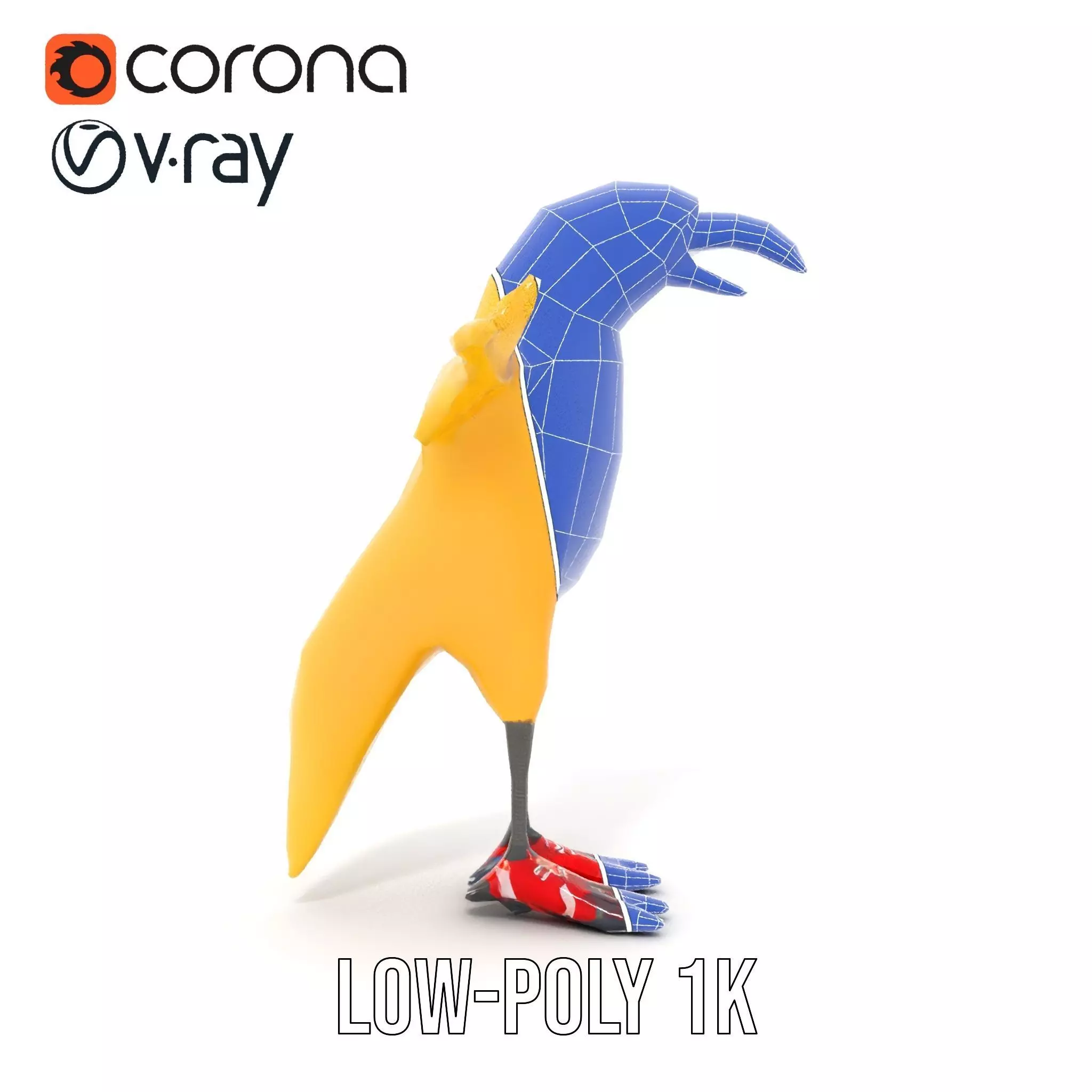 Yellow Parrot Character with Red Shoes Rigged and Animated Model Low-poly 3D model_26
