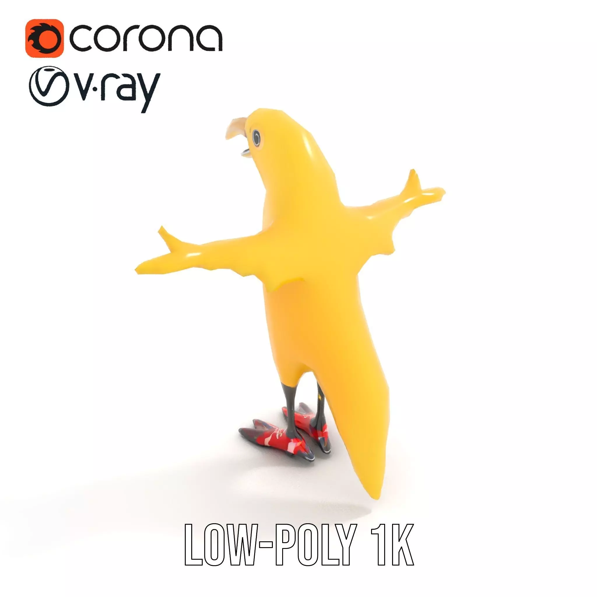 Yellow Parrot Character with Red Shoes Rigged and Animated Model Low-poly 3D model_12