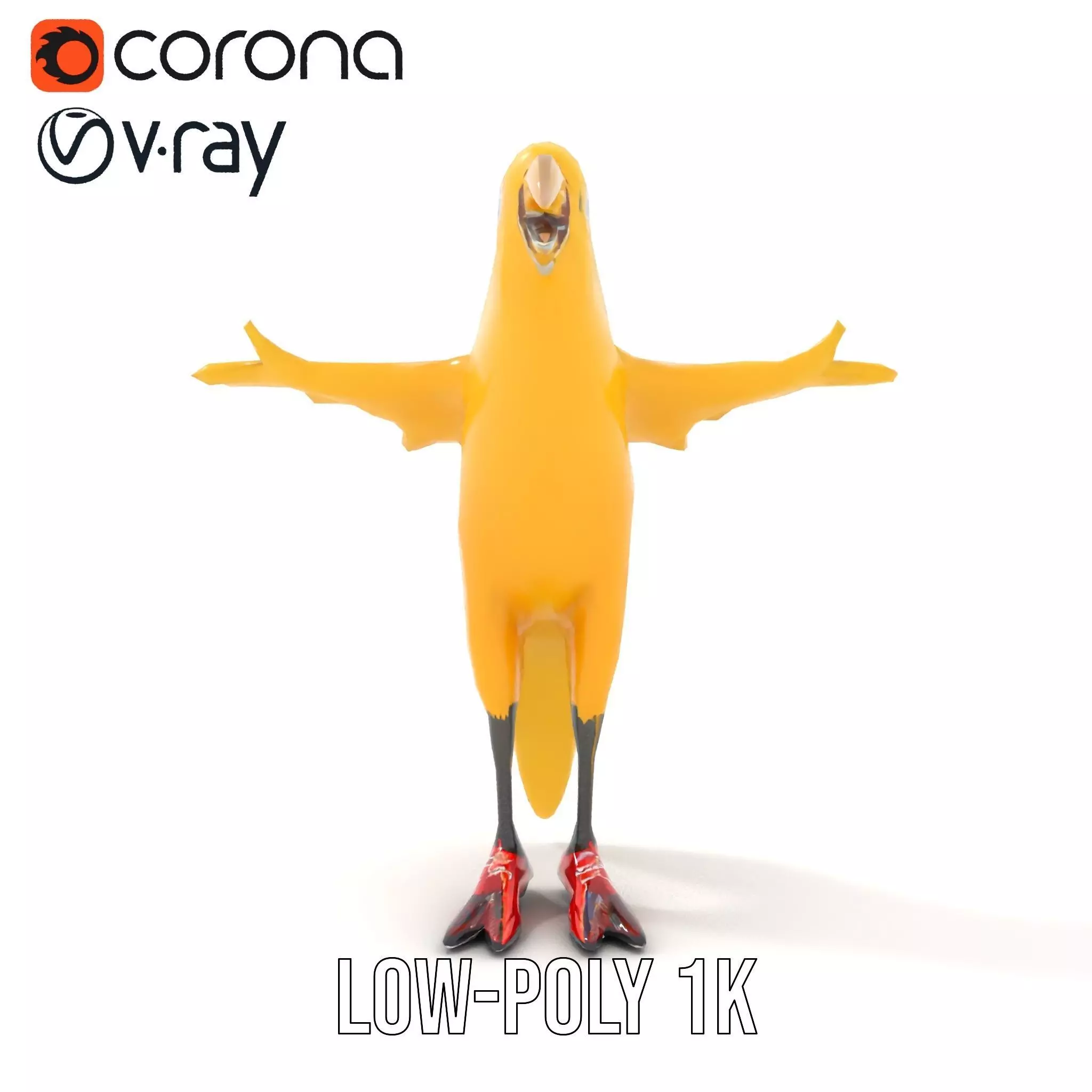 Yellow Parrot Character with Red Shoes Rigged and Animated Model Low-poly 3D model_8
