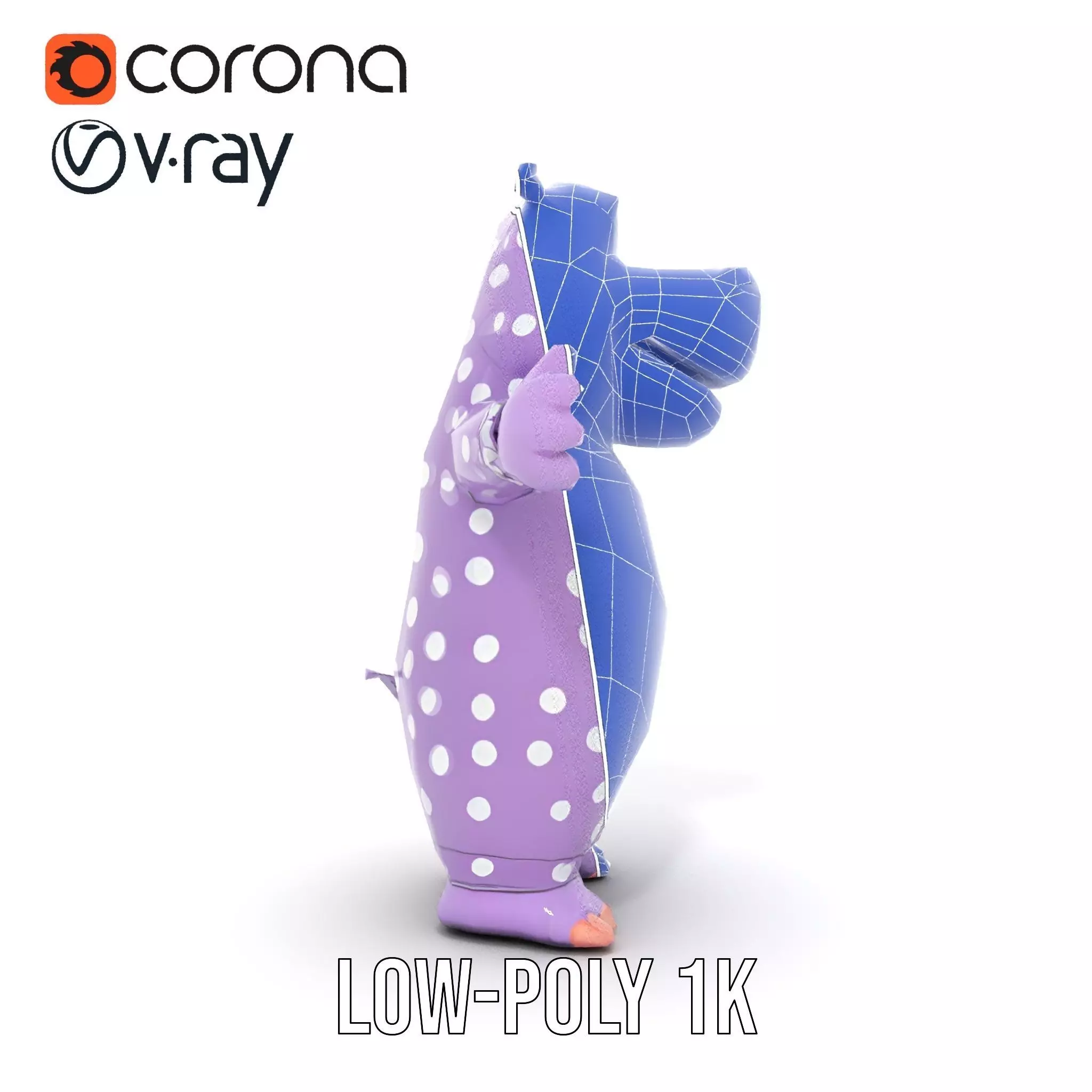 Purple PolkaDot Hippo Rigged and Animated Character Model Low-poly 3D model_29