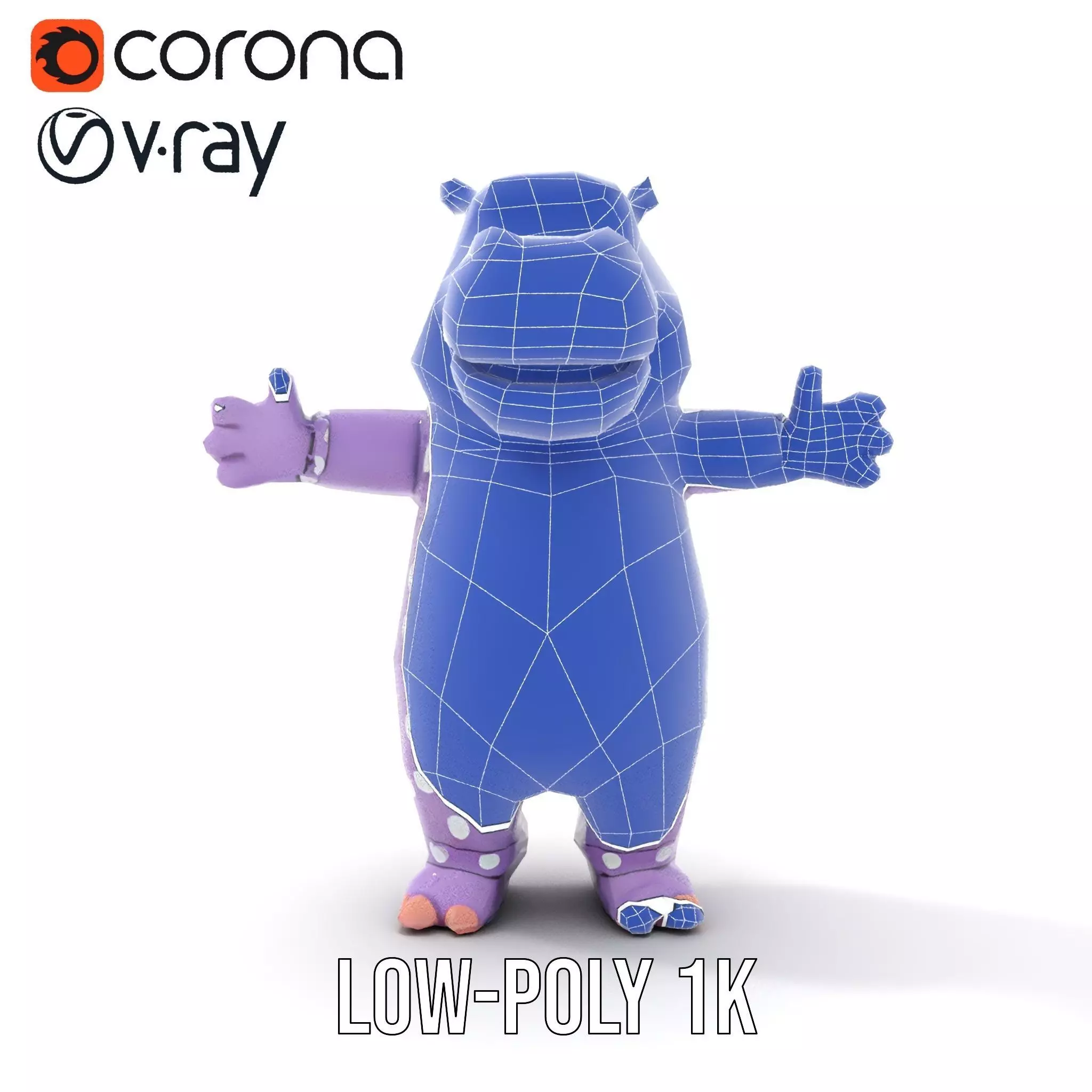 Purple PolkaDot Hippo Rigged and Animated Character Model Low-poly 3D model_12