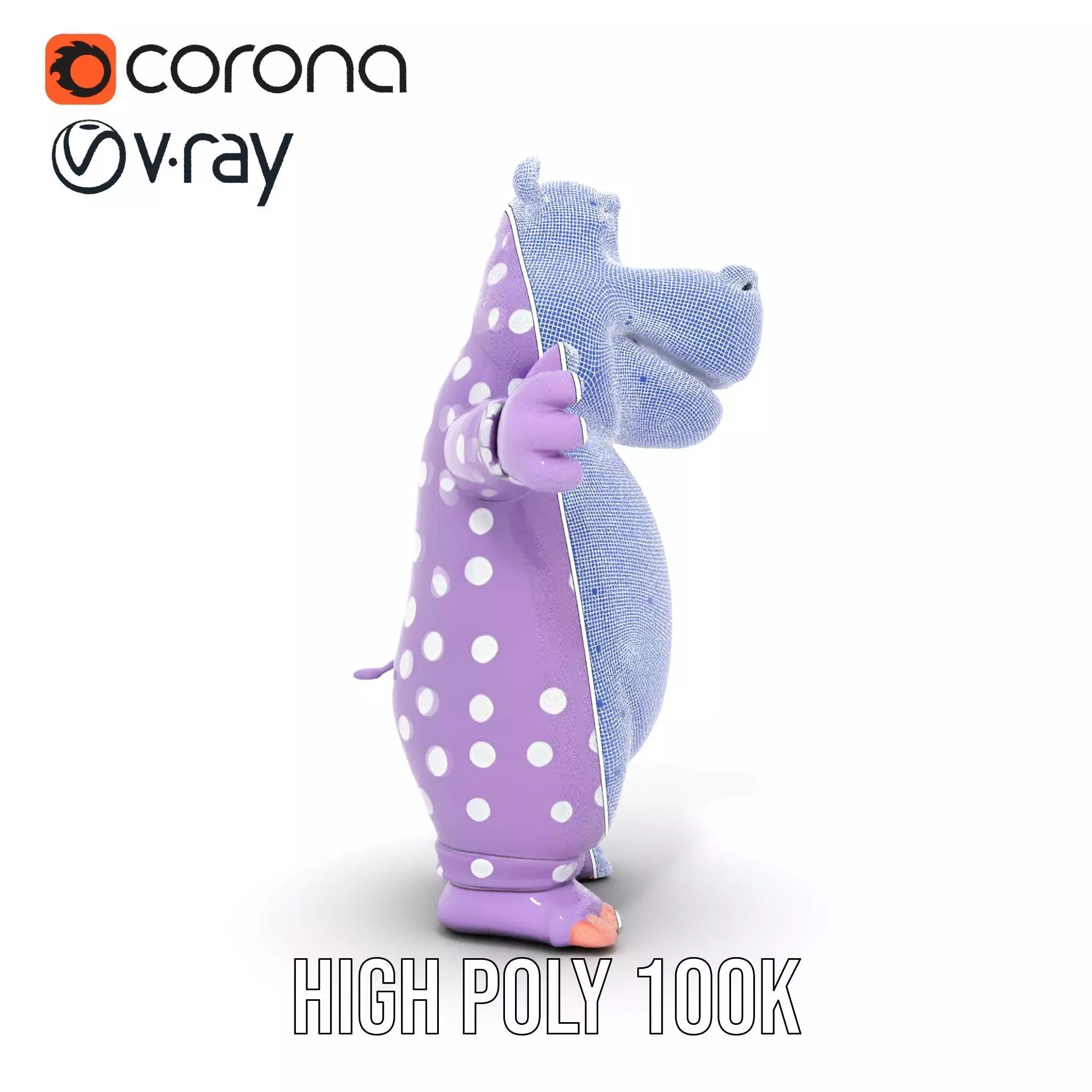 Purple PolkaDot Hippo Rigged and Animated Character Model Low-poly 3D model_30