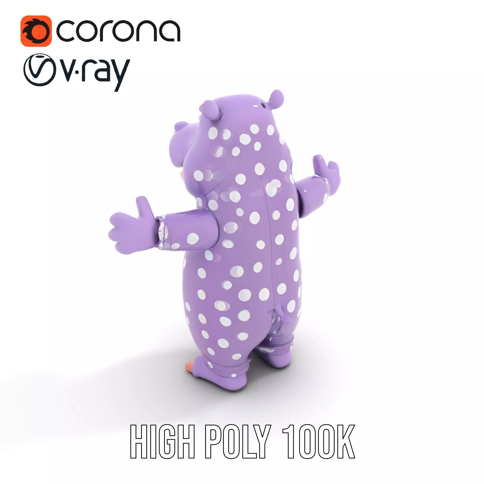 Purple PolkaDot Hippo Rigged and Animated Character Model Low-poly 3D model_18