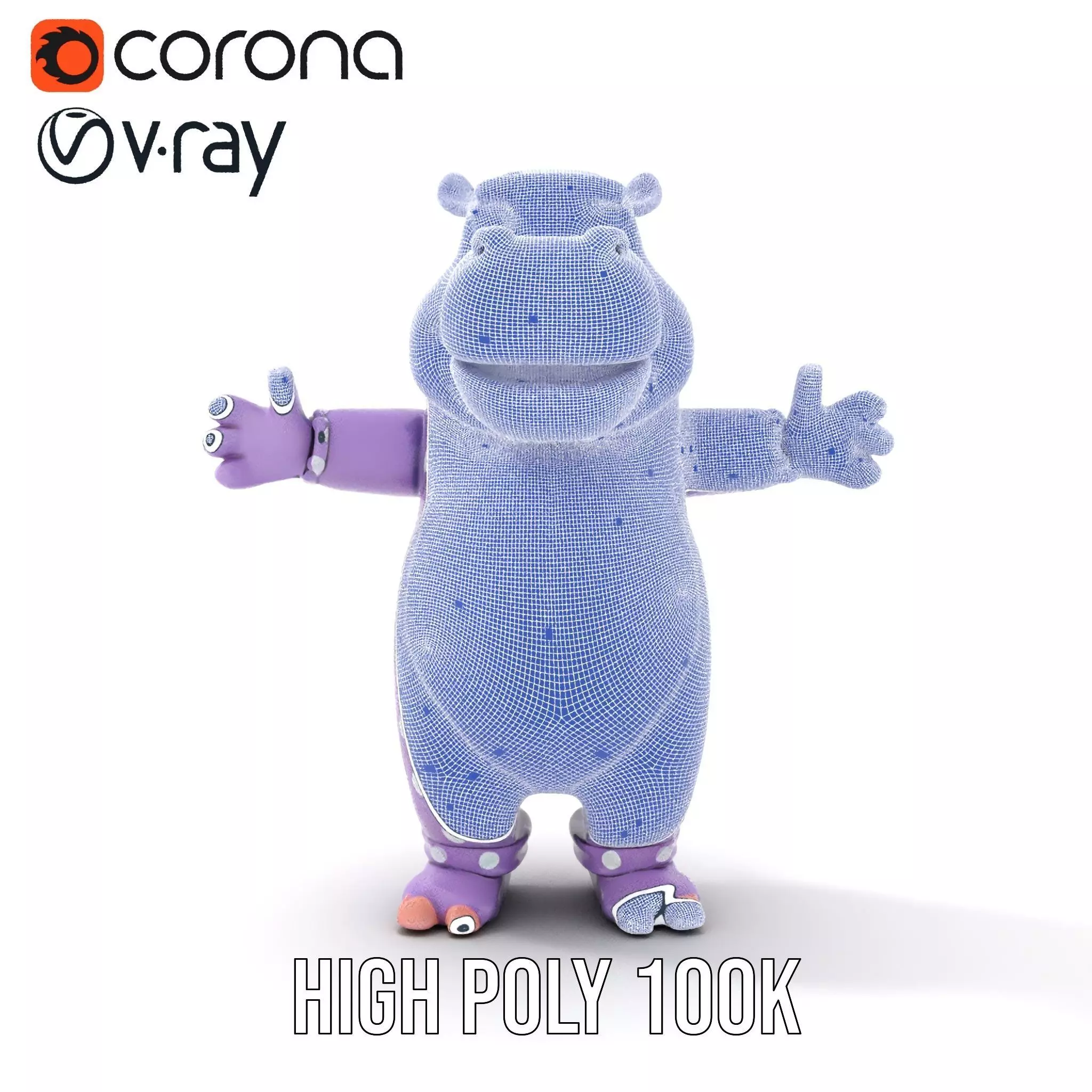 Purple PolkaDot Hippo Rigged and Animated Character Model Low-poly 3D model_35