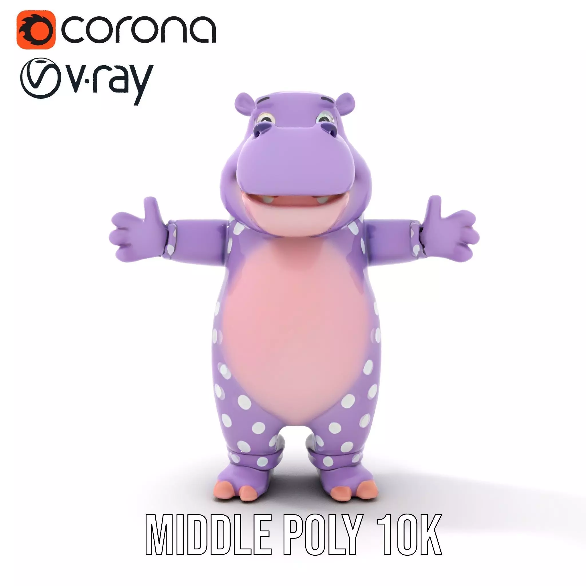 Purple PolkaDot Hippo Rigged and Animated Character Model Low-poly 3D model_22