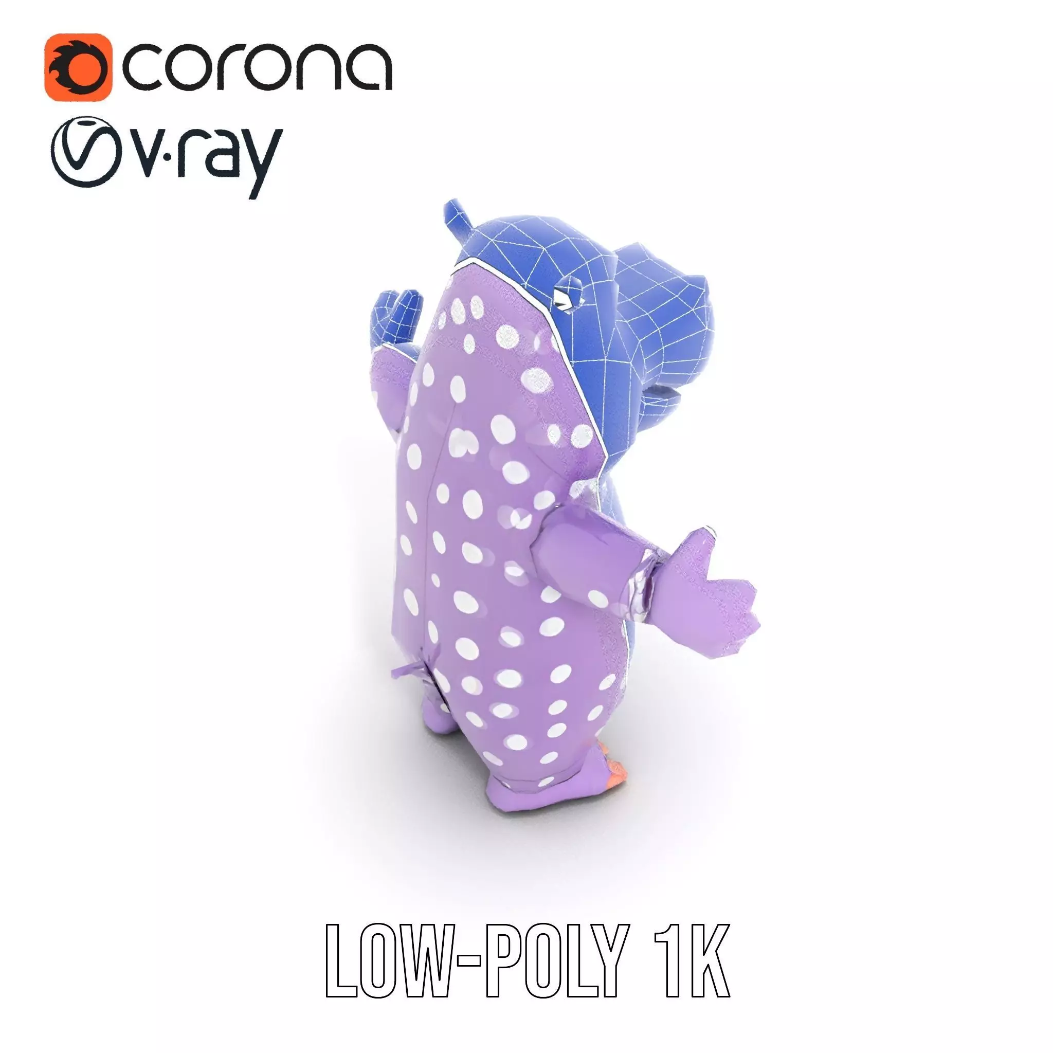 Purple PolkaDot Hippo Rigged and Animated Character Model Low-poly 3D model_26