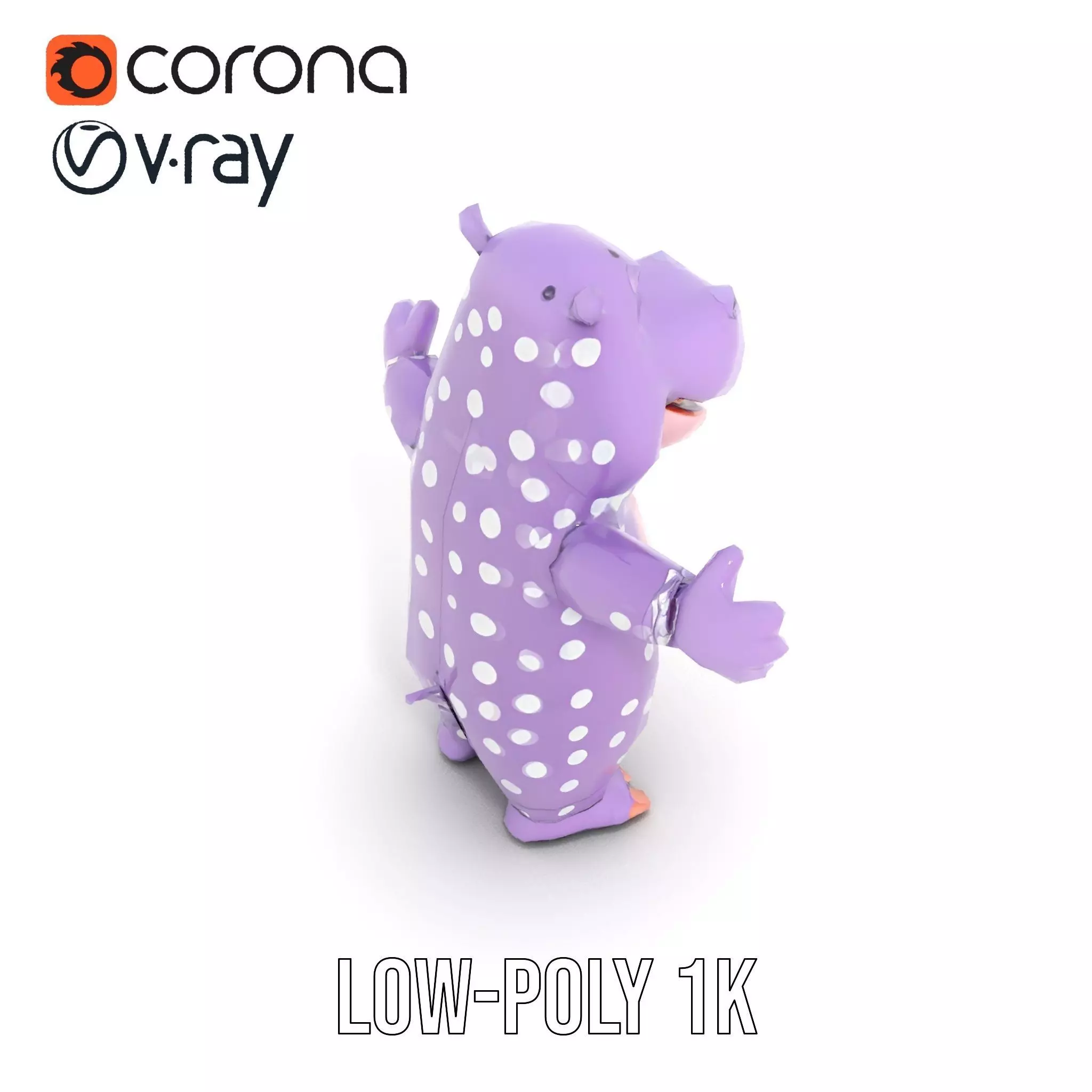 Purple PolkaDot Hippo Rigged and Animated Character Model Low-poly 3D model_8