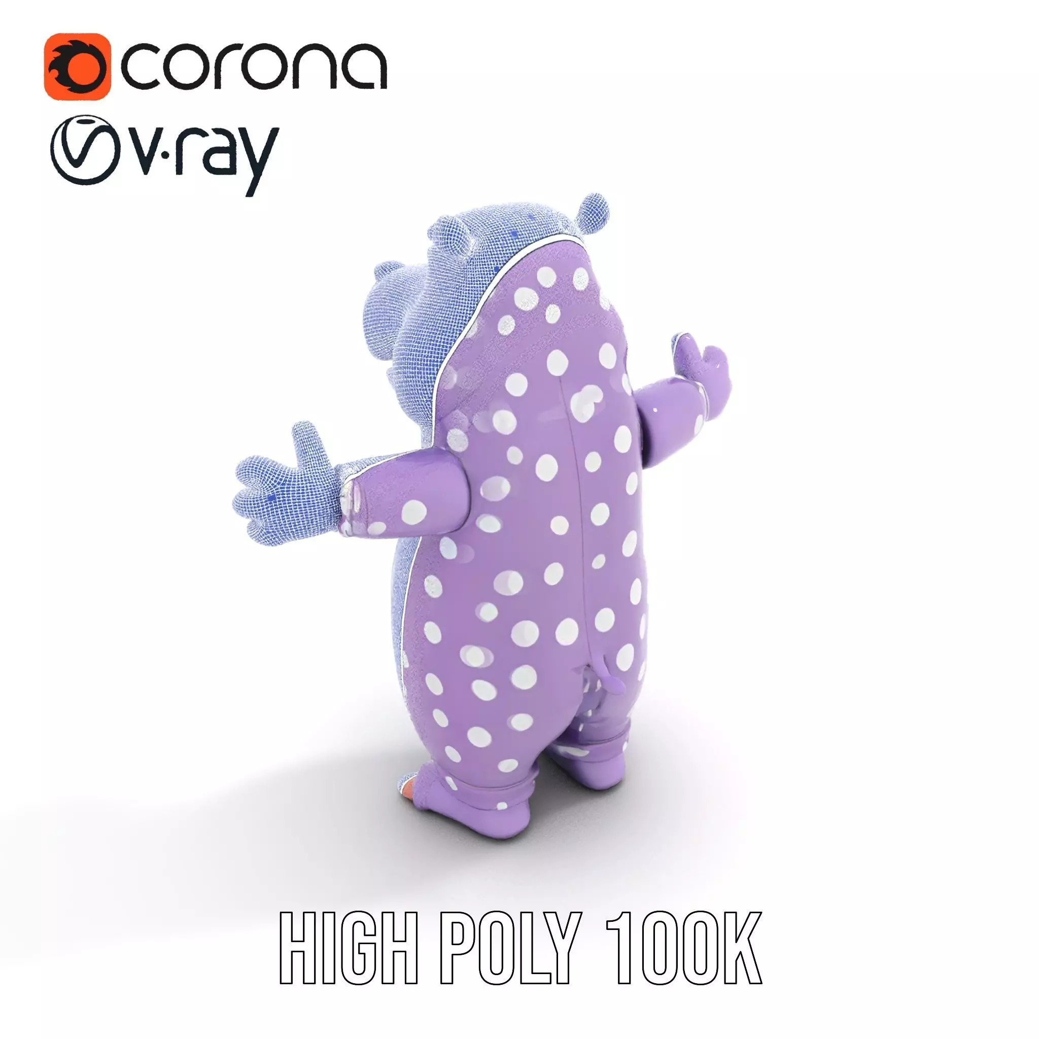 Purple PolkaDot Hippo Rigged and Animated Character Model Low-poly 3D model_33