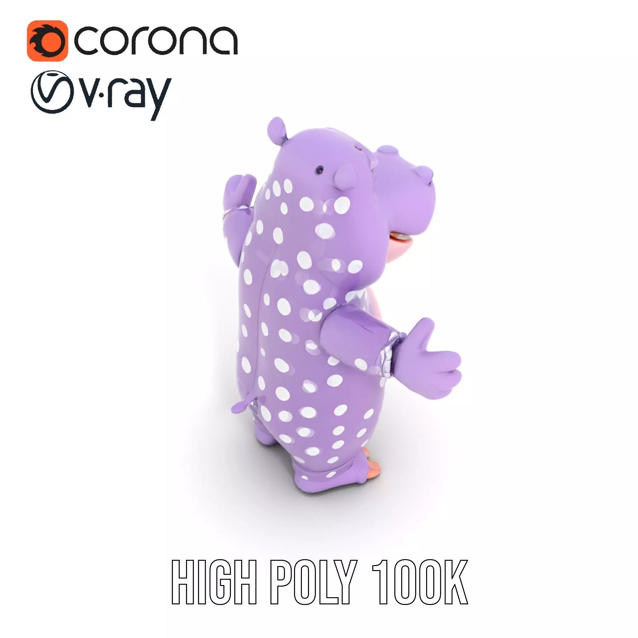 Purple PolkaDot Hippo Rigged and Animated Character Model Low-poly 3D model_21