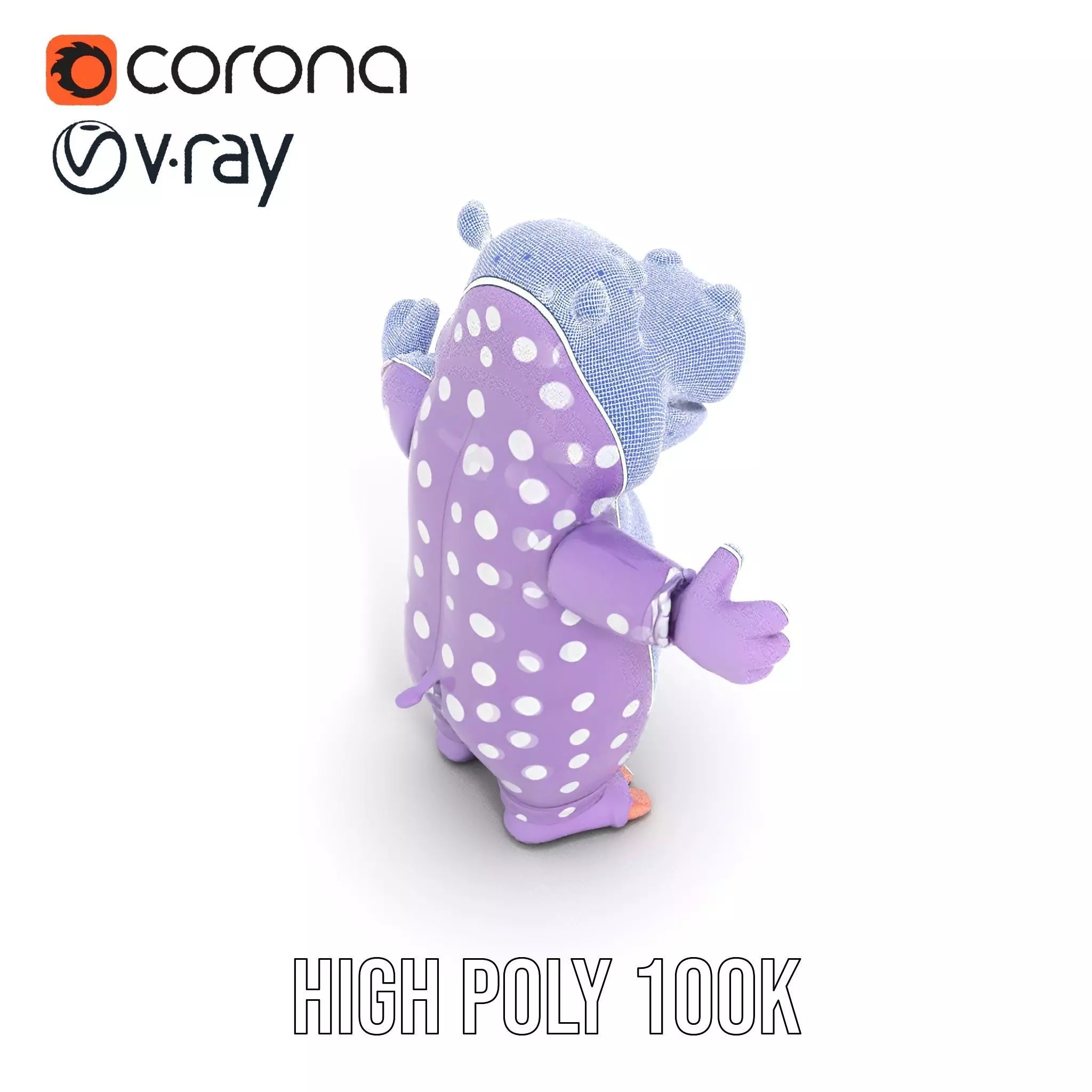 Purple PolkaDot Hippo Rigged and Animated Character Model Low-poly 3D model_34