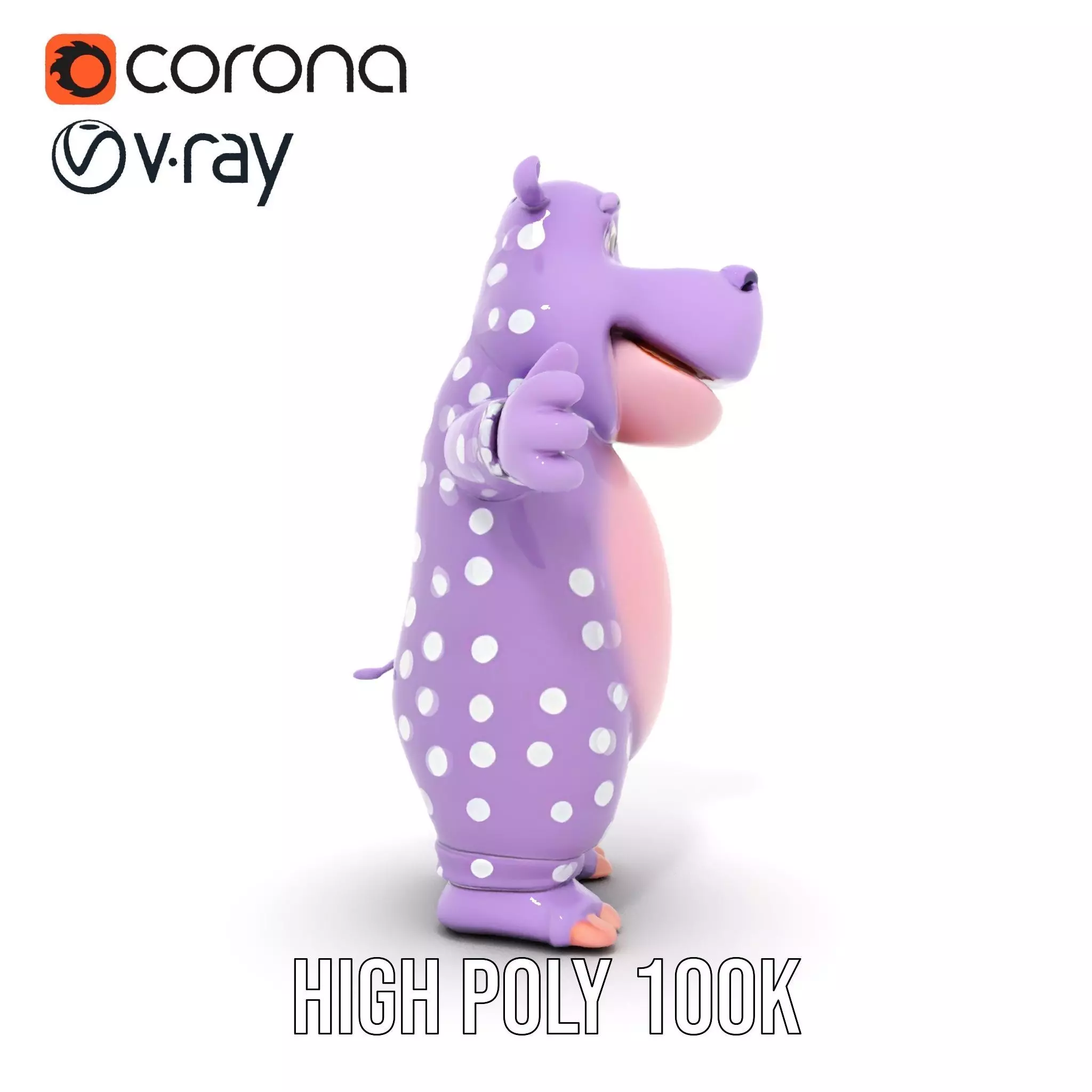 Purple PolkaDot Hippo Rigged and Animated Character Model Low-poly 3D model_24